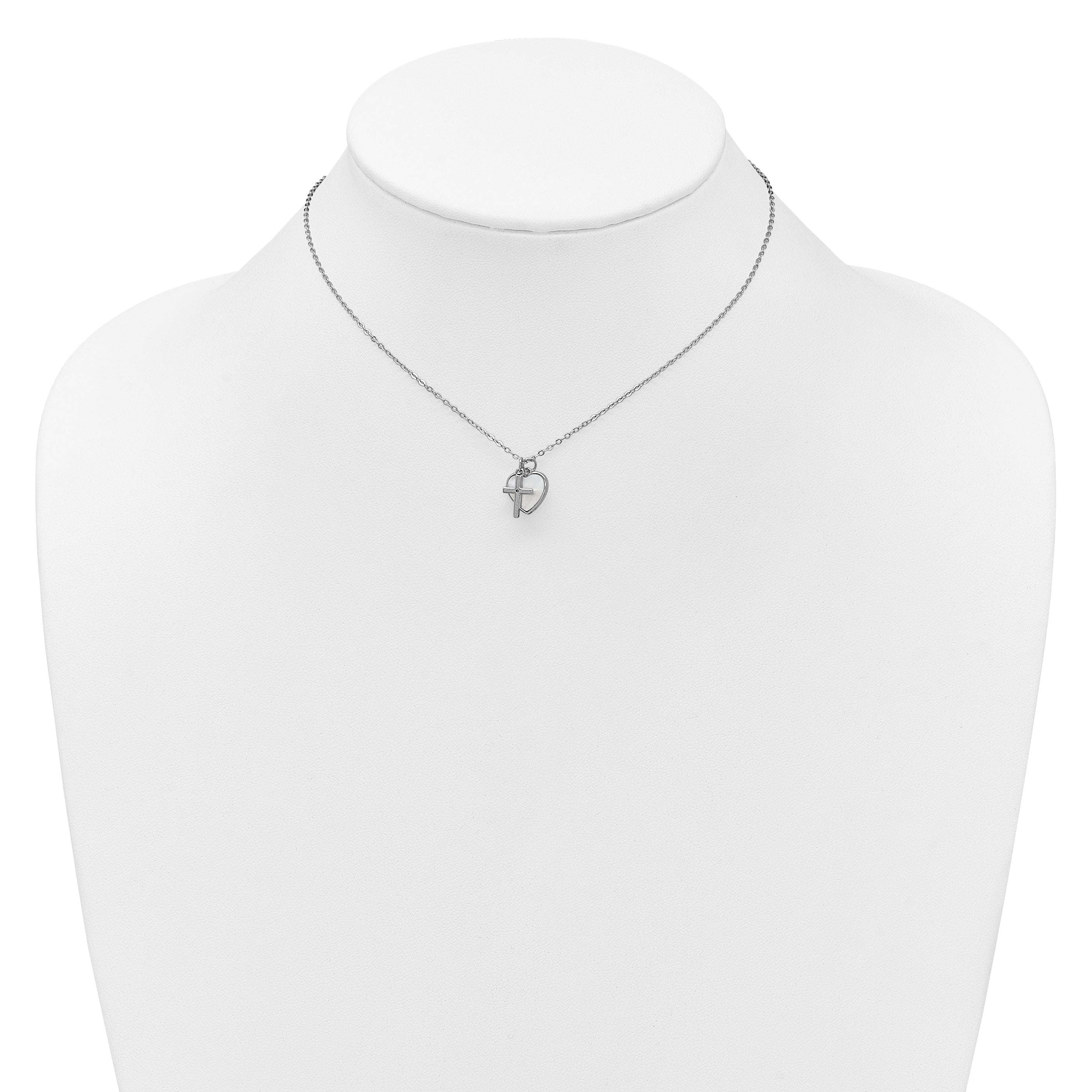 Sterling Silver Rhodium-plated Polished Mother of Pearl Heart and CZ Cross 14 Inch with 3 Inch Extension Children's Necklace