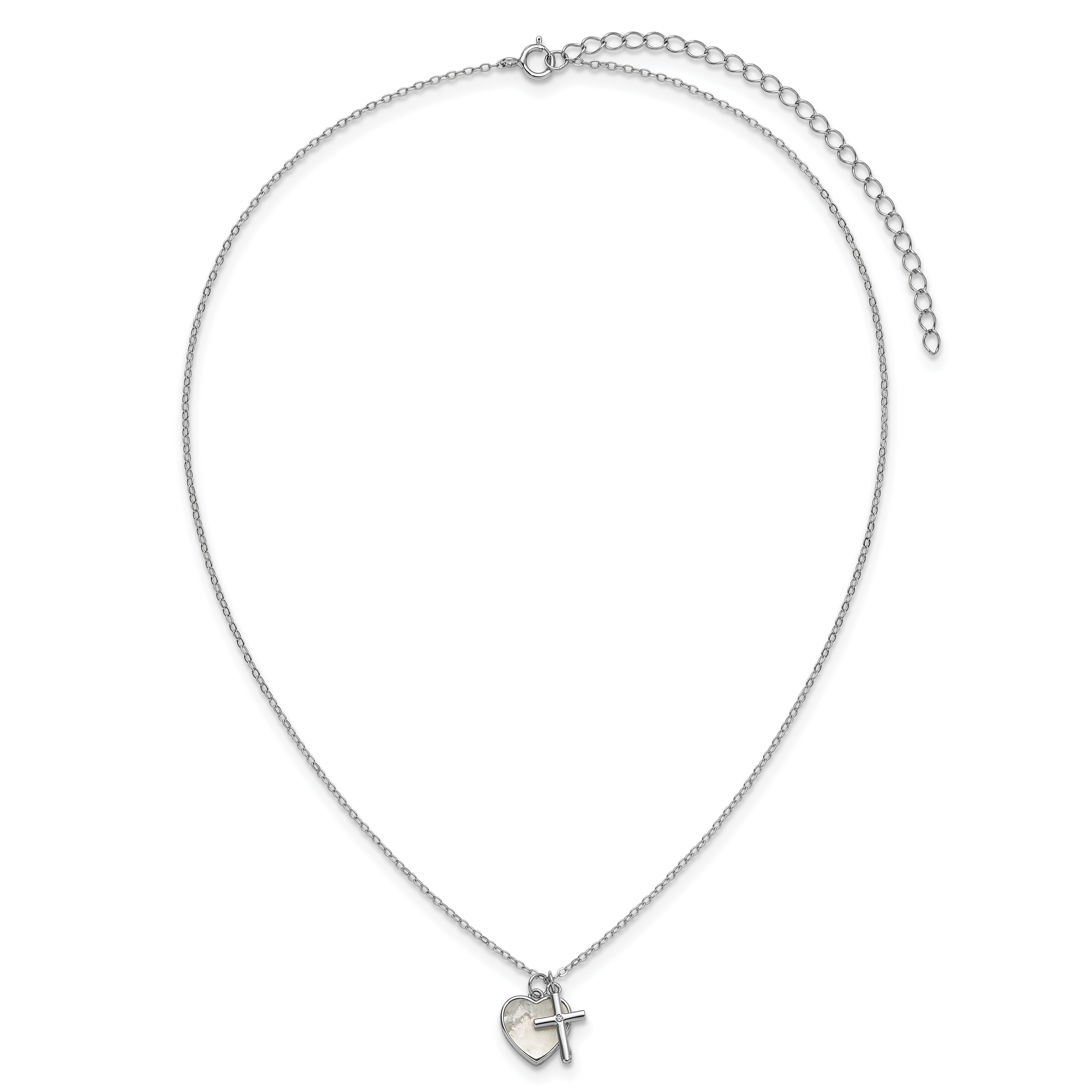 Sterling Silver Rhodium-plated Polished Mother of Pearl Heart and CZ Cross 14 Inch with 3 Inch Extension Children's Necklace