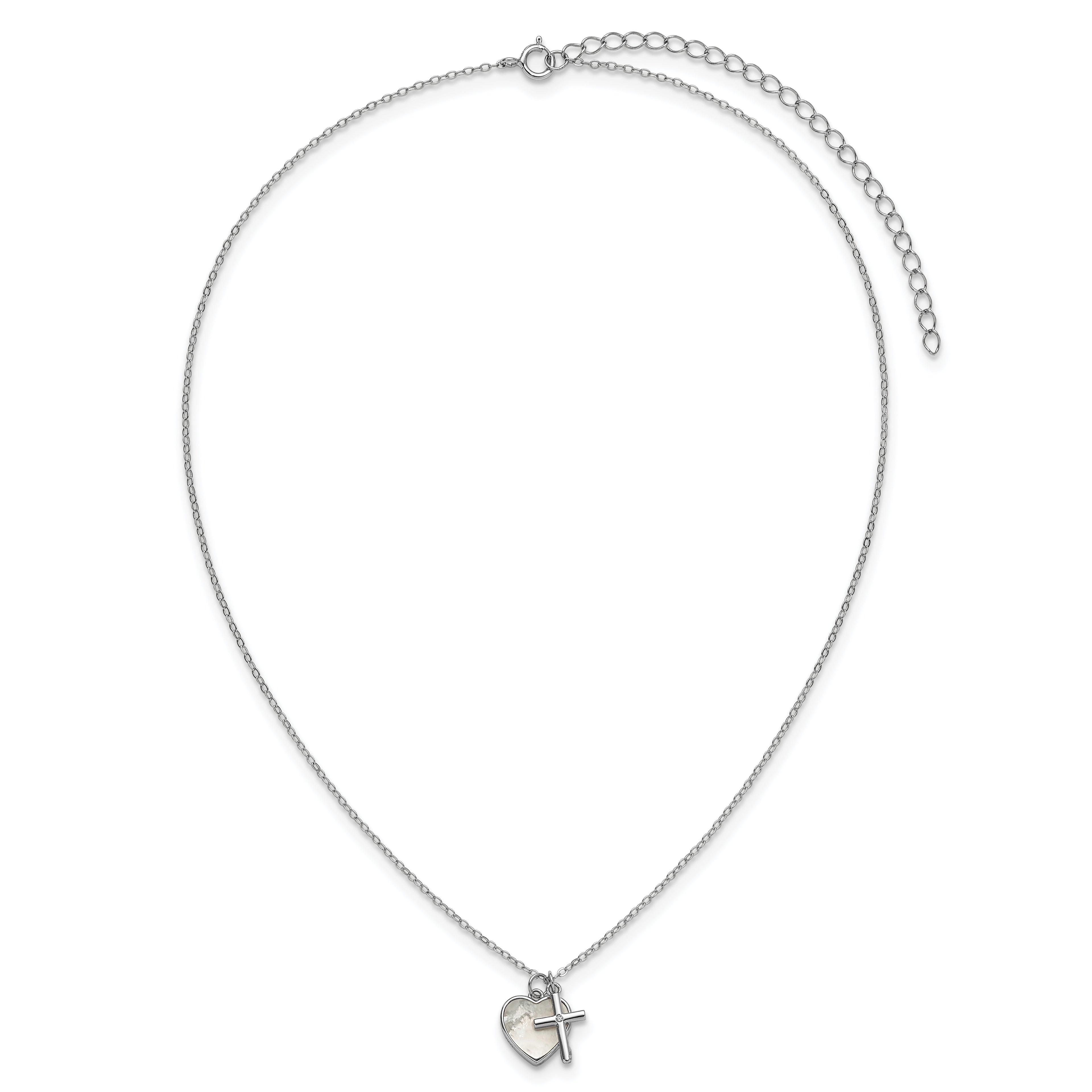 Sterling Silver Rhodium-plated Polished Mother of Pearl Heart and CZ Cross 14 Inch with 3 Inch Extension Children's Necklace