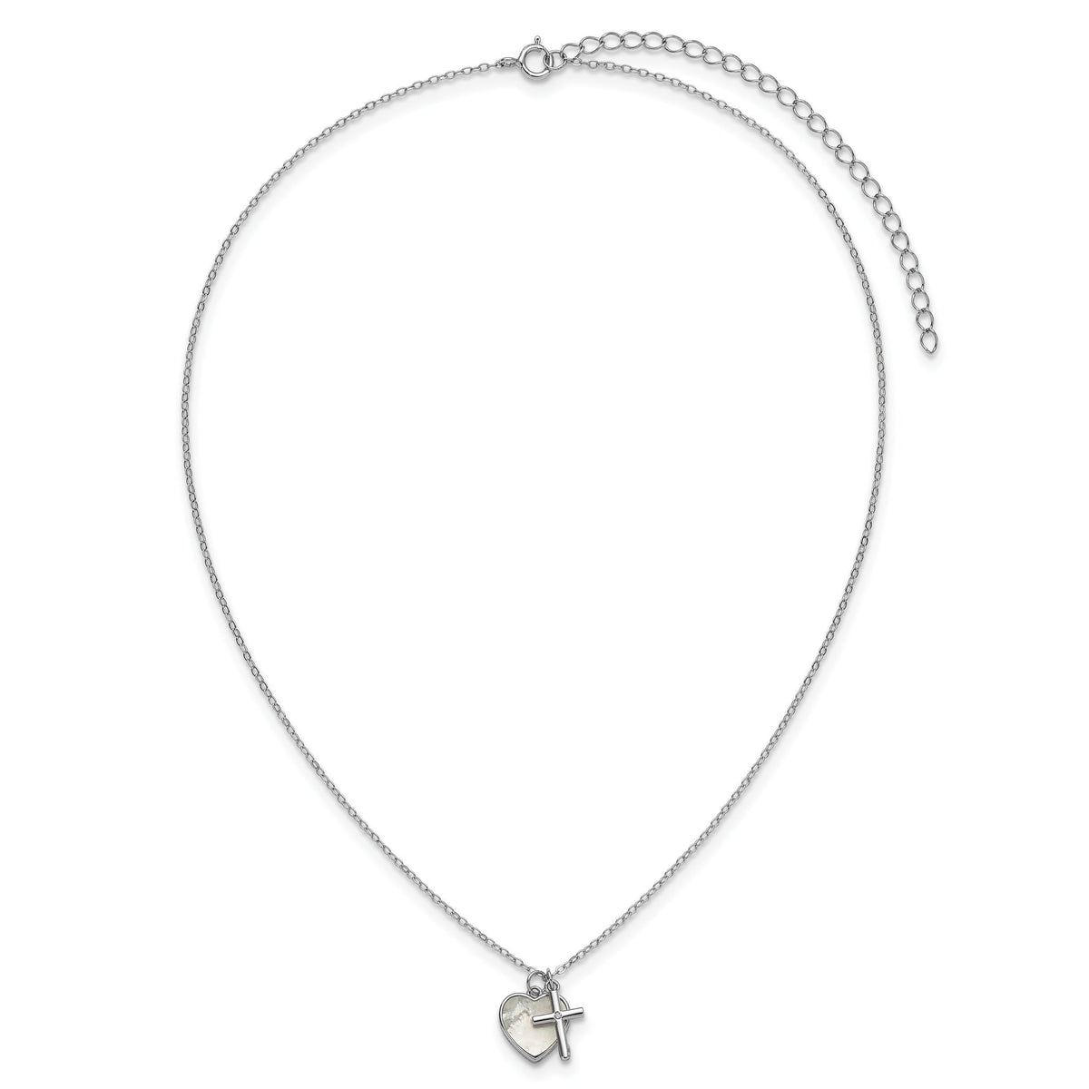 Mother of Pearl Heart & Cubic Zirconia Cross Necklace in Sterling Silver, 14 Inch - Sophia Jewelers