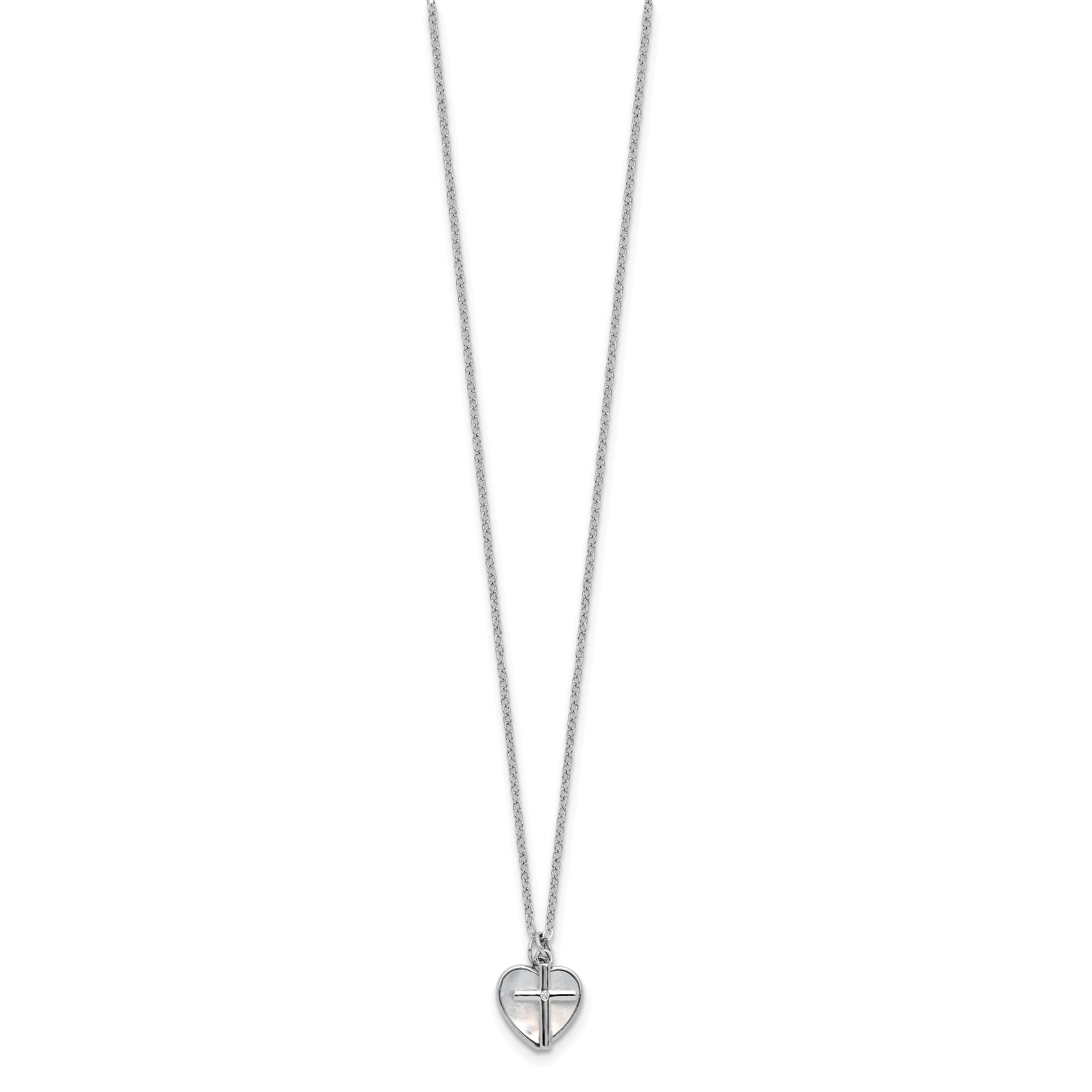 Sterling Silver Rhodium-plated Polished Mother of Pearl Heart and CZ Cross 14 Inch with 3 Inch Extension Children's Necklace