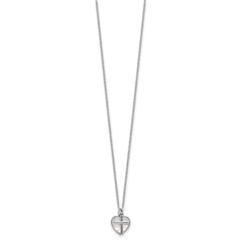 Sterling Silver Rhodium-plated Polished Mother of Pearl Heart and CZ Cross 14 Inch with 3 Inch Extension Children's Necklace