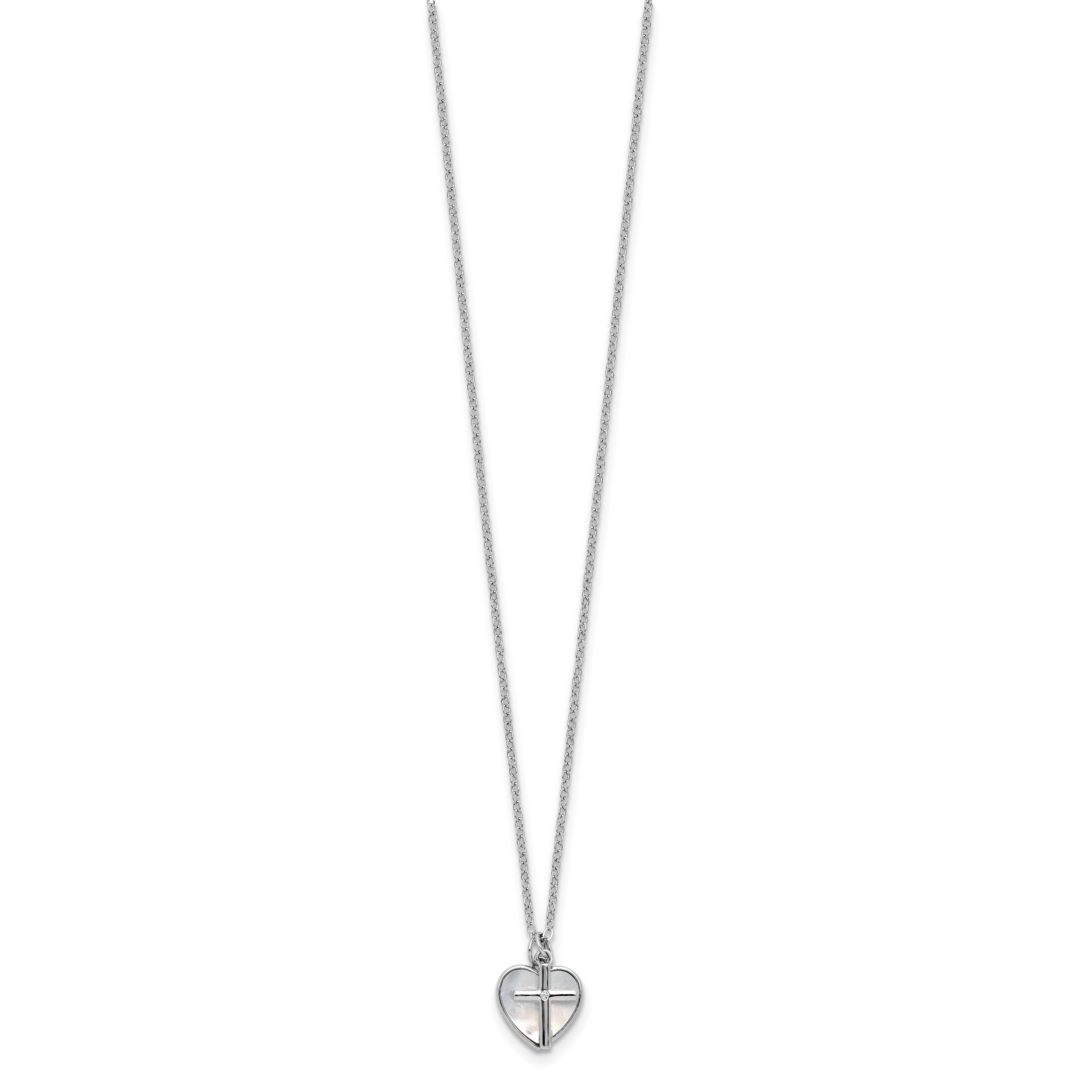 Sterling Silver Rhodium-plated Polished Mother of Pearl Heart and CZ Cross 14 Inch with 3 Inch Extension Children's Necklace