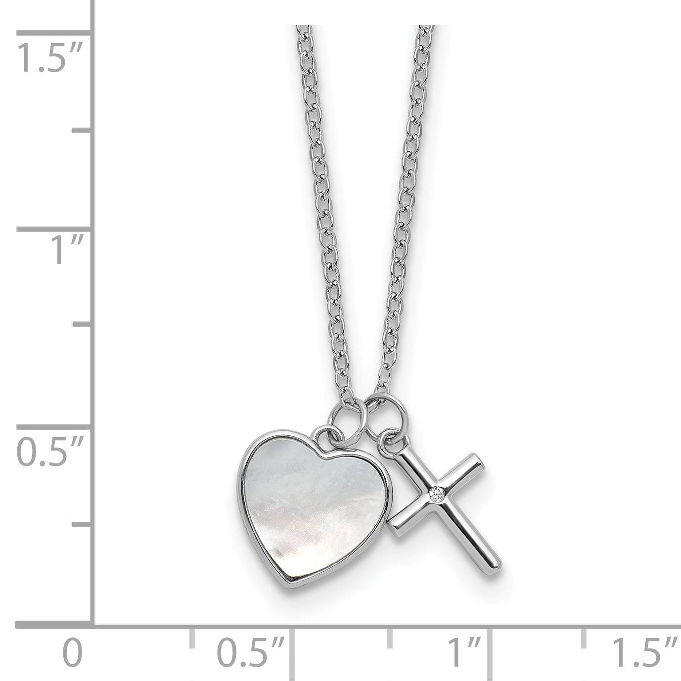 Sterling Silver Rhodium-plated Polished Mother of Pearl Heart and CZ Cross 14 Inch with 3 Inch Extension Children's Necklace