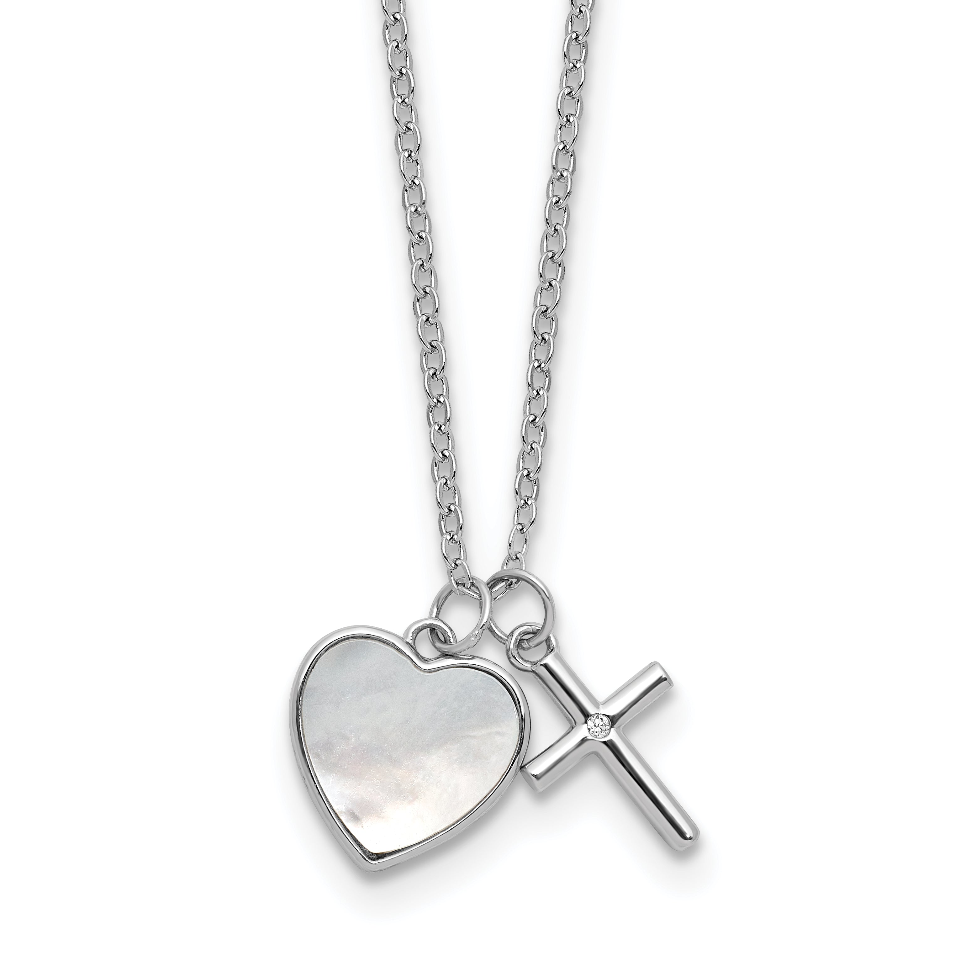 Sterling Silver Rhodium-plated Polished Mother of Pearl Heart and CZ Cross 14 Inch with 3 Inch Extension Children's Necklace Main image