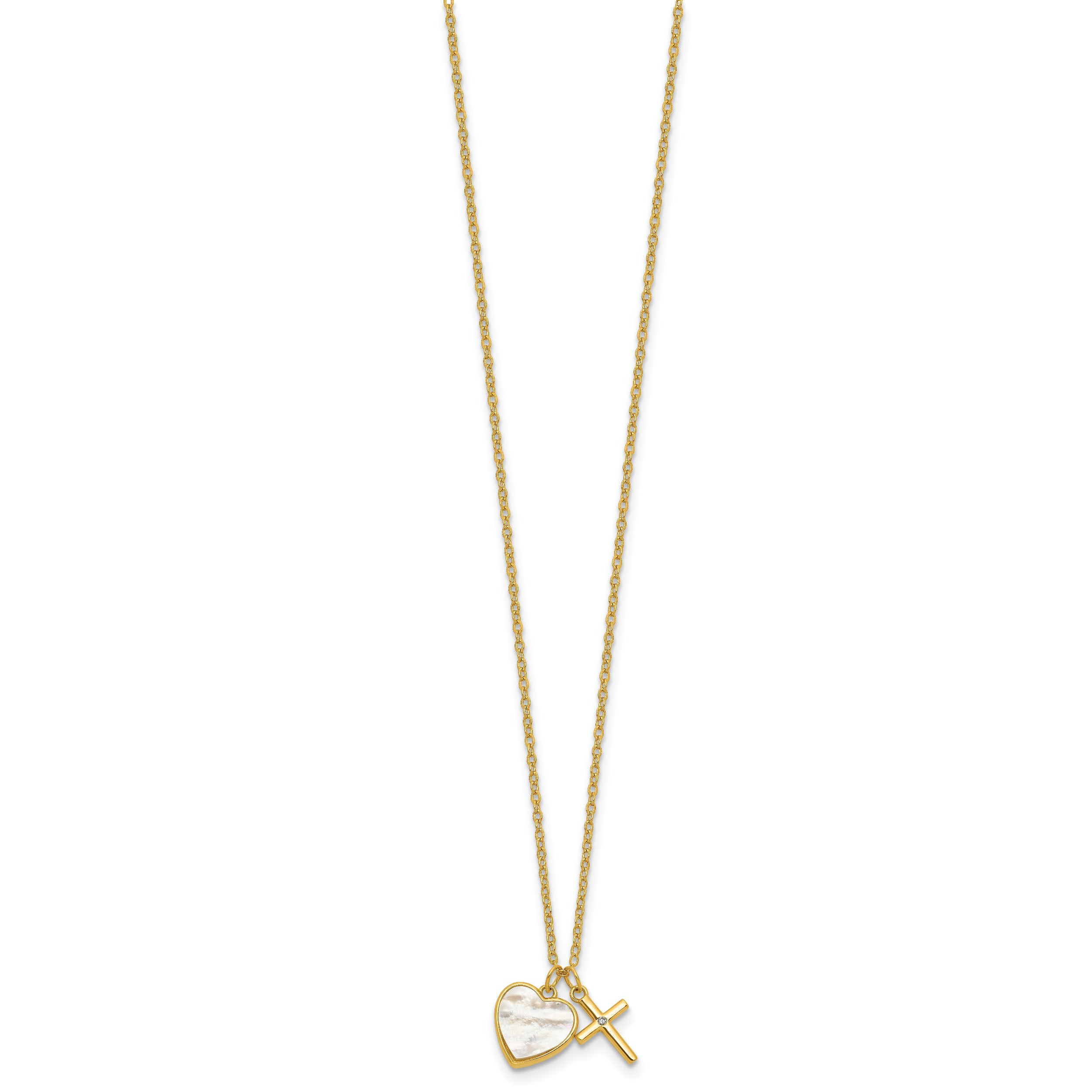 Sterling Silver Gold-tone Polished Mother of Pearl Heart and CZ Cross 14 Inch with 3 Inch Extension Children's Necklace