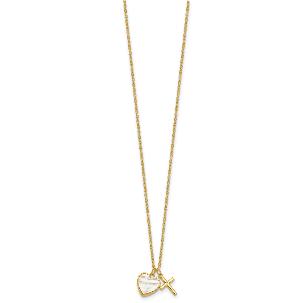 Sterling Silver Gold-tone Polished Mother of Pearl Heart and CZ Cross 14 Inch with 3 Inch Extension Children's Necklace