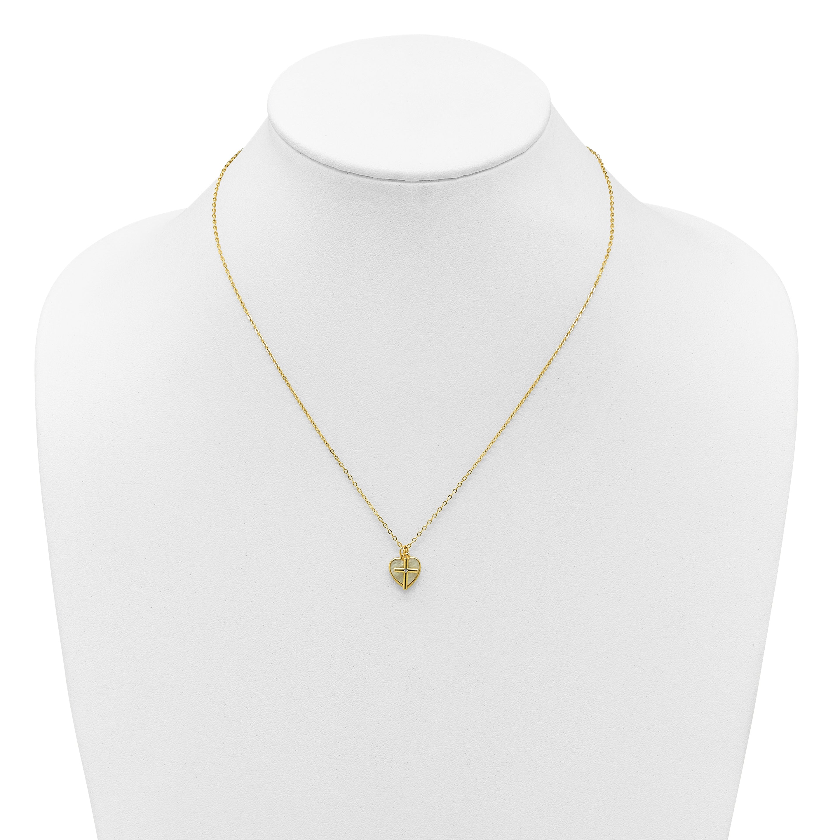 Sterling Silver Gold-tone Polished Mother of Pearl Heart and CZ Cross 14 Inch with 3 Inch Extension Children's Necklace