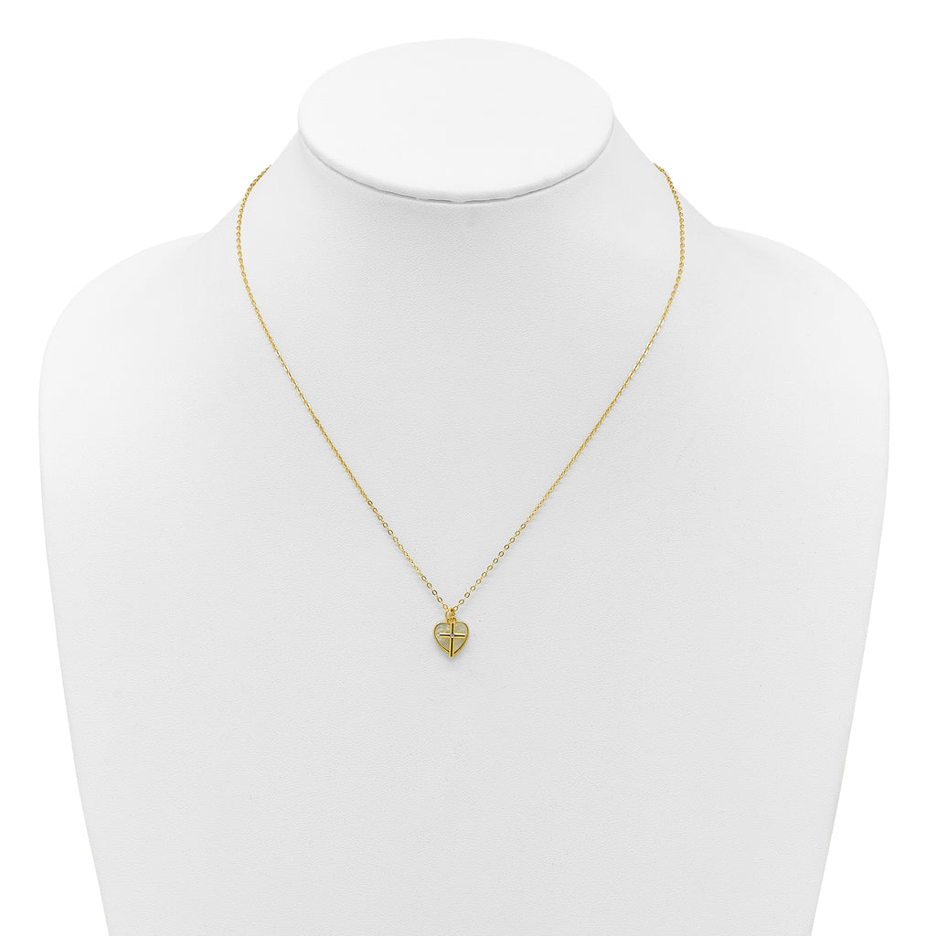 Sterling Silver Gold-tone Polished Mother of Pearl Heart and CZ Cross 14 Inch with 3 Inch Extension Children's Necklace