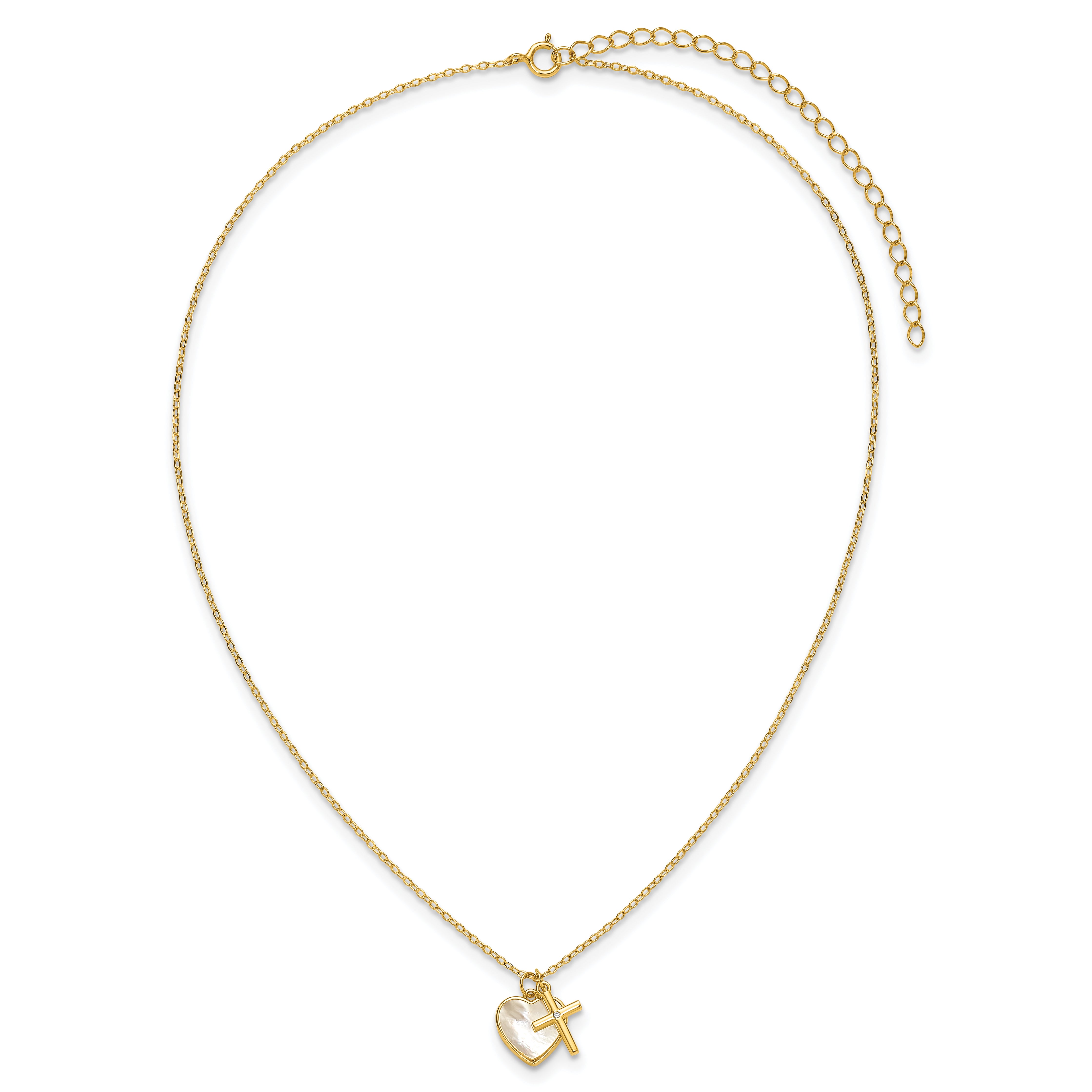 Sterling Silver Gold-tone Polished Mother of Pearl Heart and CZ Cross 14 Inch with 3 Inch Extension Children's Necklace