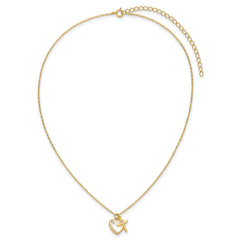 Sterling Silver Gold-tone Polished Mother of Pearl Heart and CZ Cross 14 Inch with 3 Inch Extension Children's Necklace