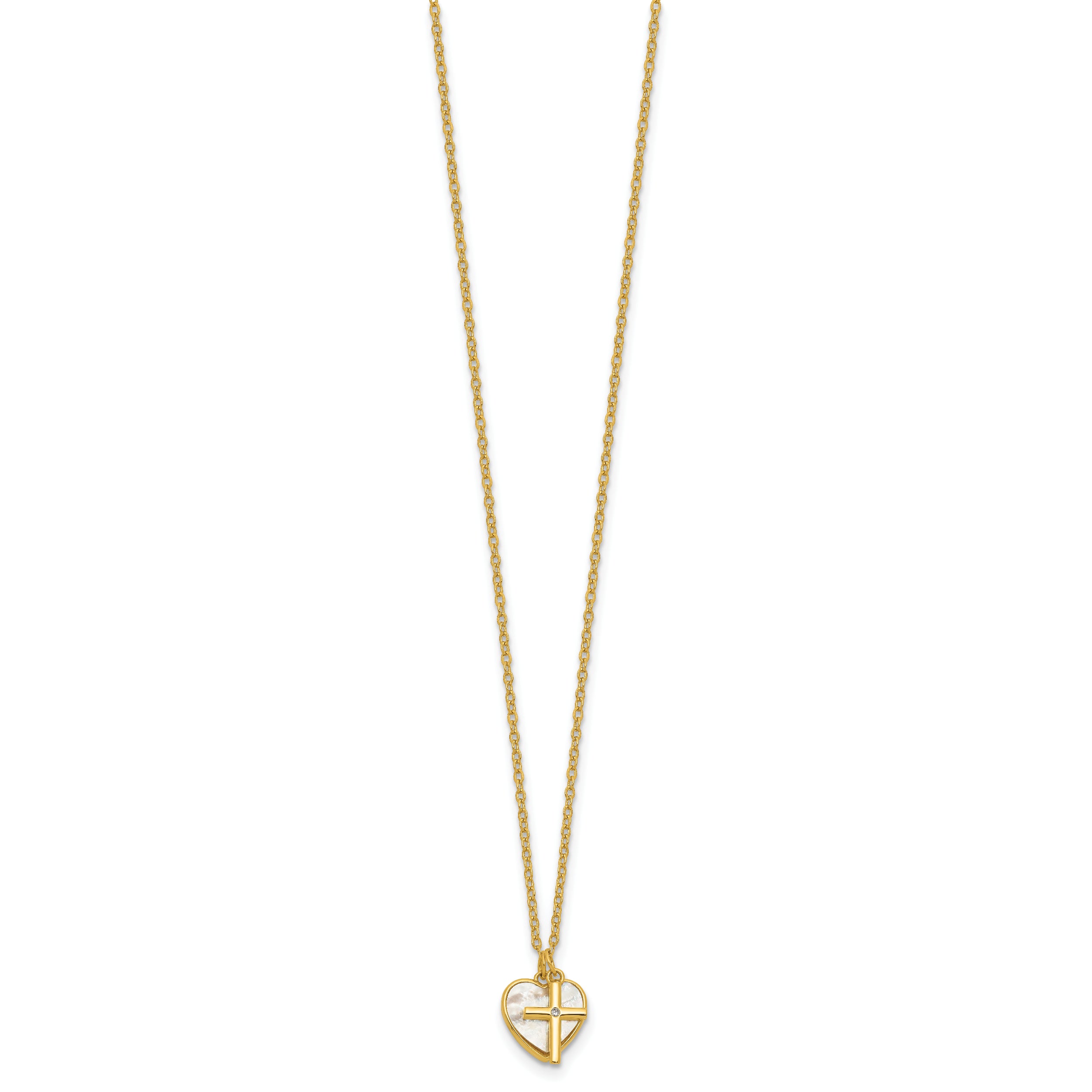 Sterling Silver Gold-tone Polished Mother of Pearl Heart and CZ Cross 14 Inch with 3 Inch Extension Children's Necklace