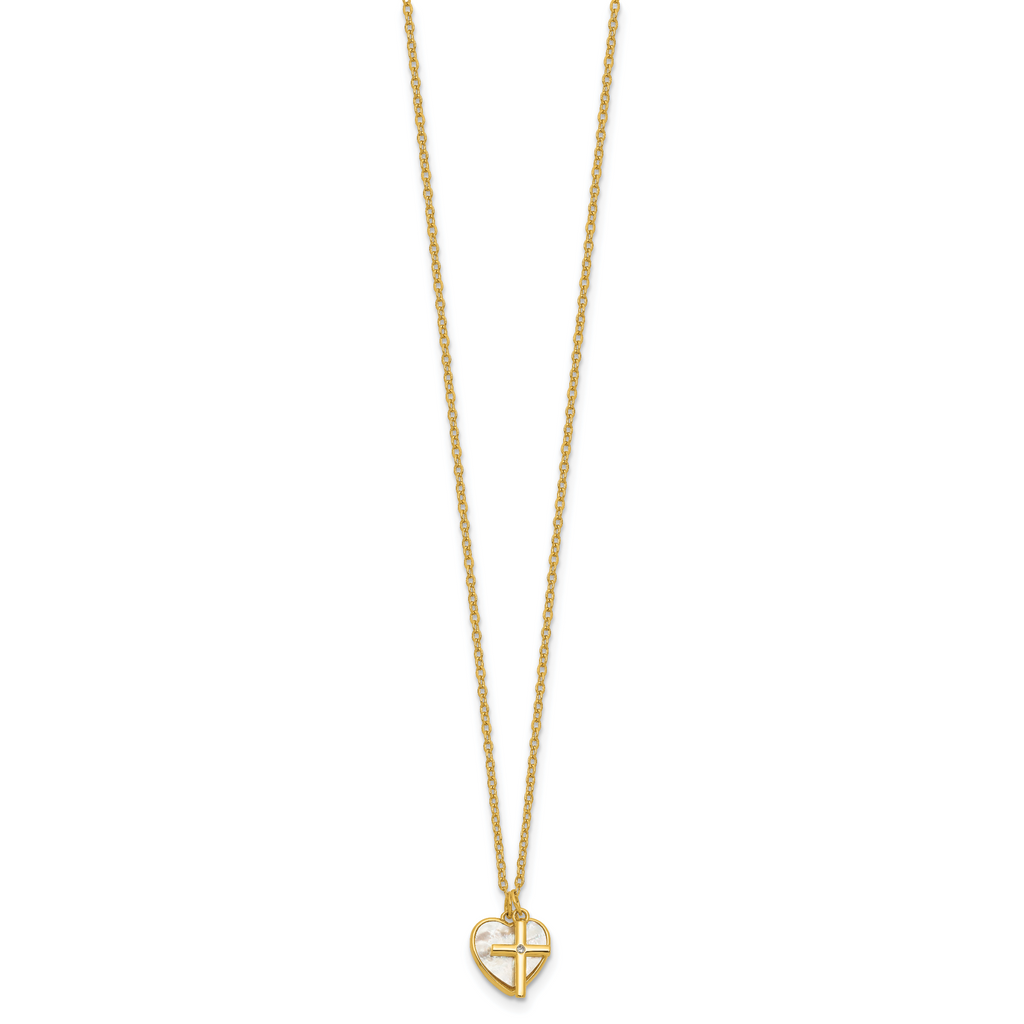 Sterling Silver Gold-tone Polished Mother of Pearl Heart and CZ Cross 14 Inch with 3 Inch Extension Children's Necklace