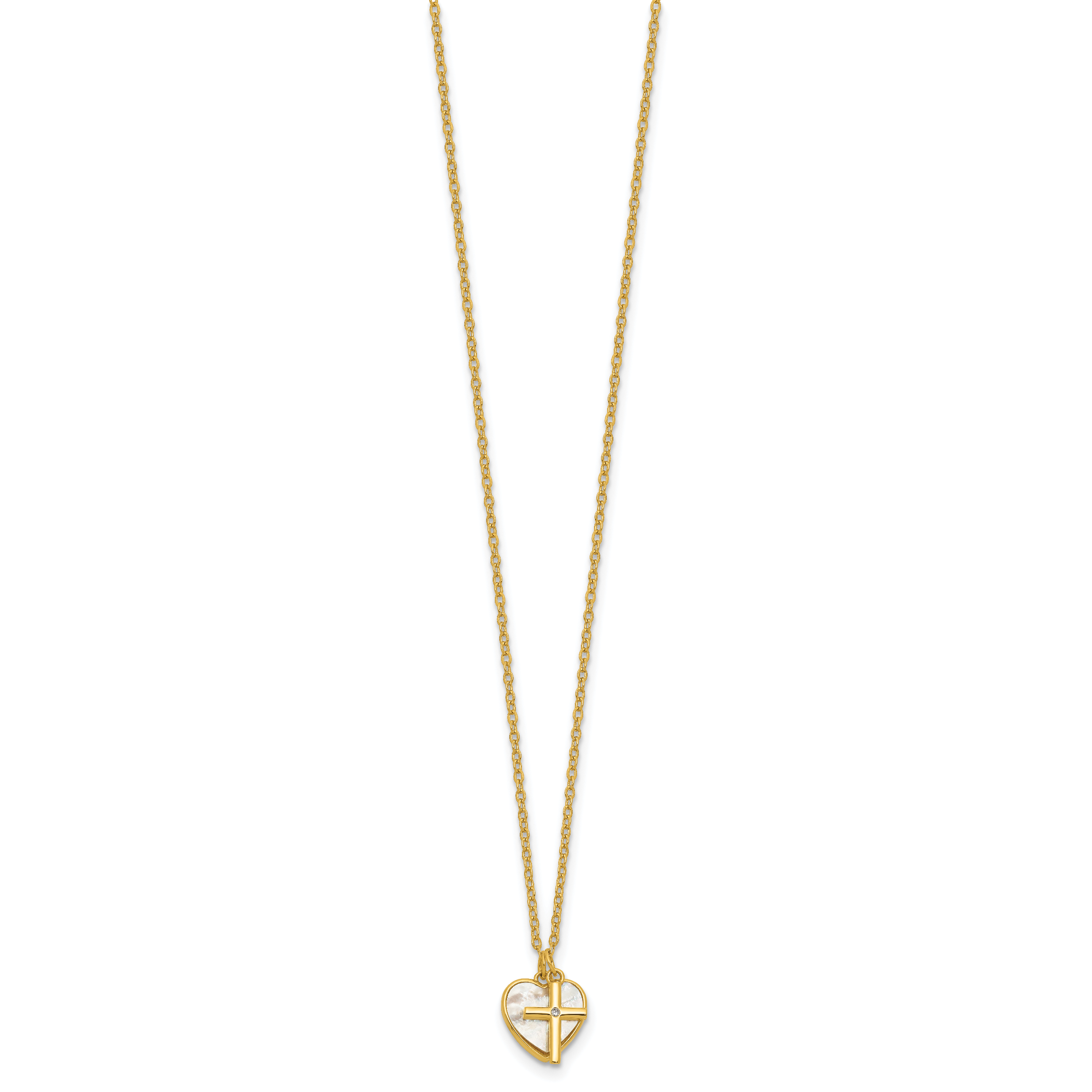 Sterling Silver Gold-tone Polished Mother of Pearl Heart and CZ Cross 14 Inch with 3 Inch Extension Children's Necklace