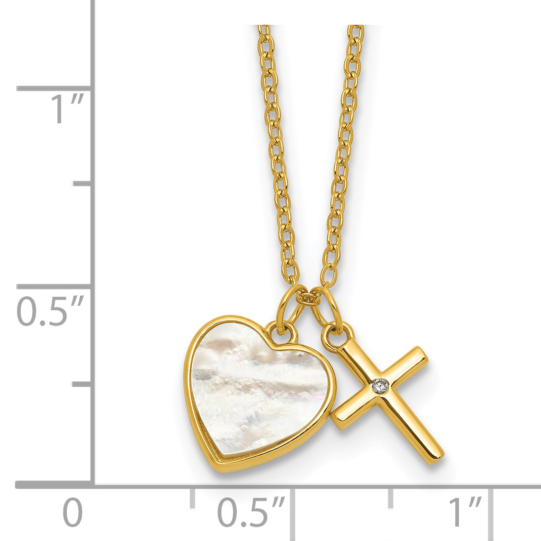Sterling Silver Gold-tone Polished Mother of Pearl Heart and CZ Cross 14 Inch with 3 Inch Extension Children's Necklace