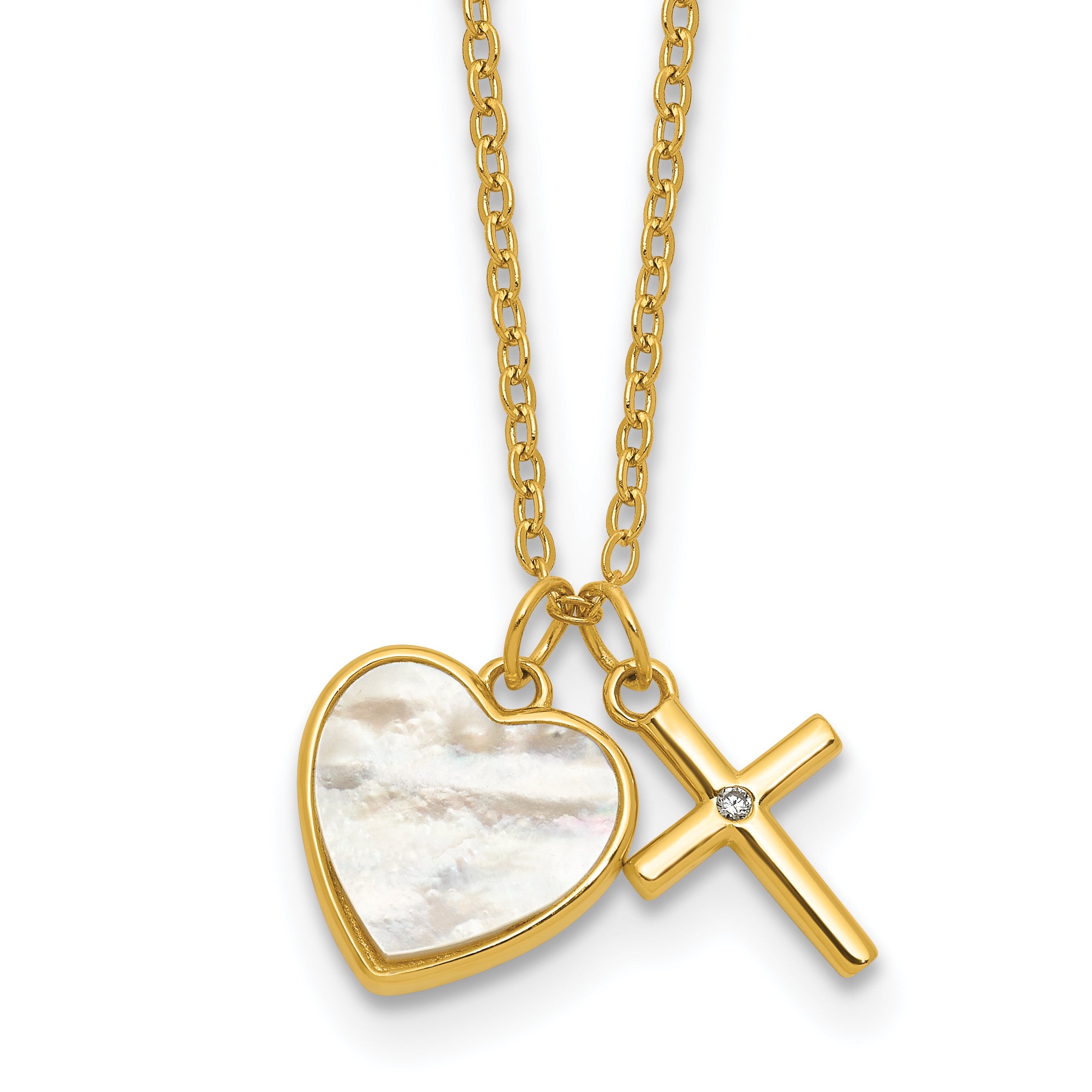 Sterling Silver Gold-tone Polished Mother of Pearl Heart and CZ Cross 14 Inch with 3 Inch Extension Children's Necklace Main image