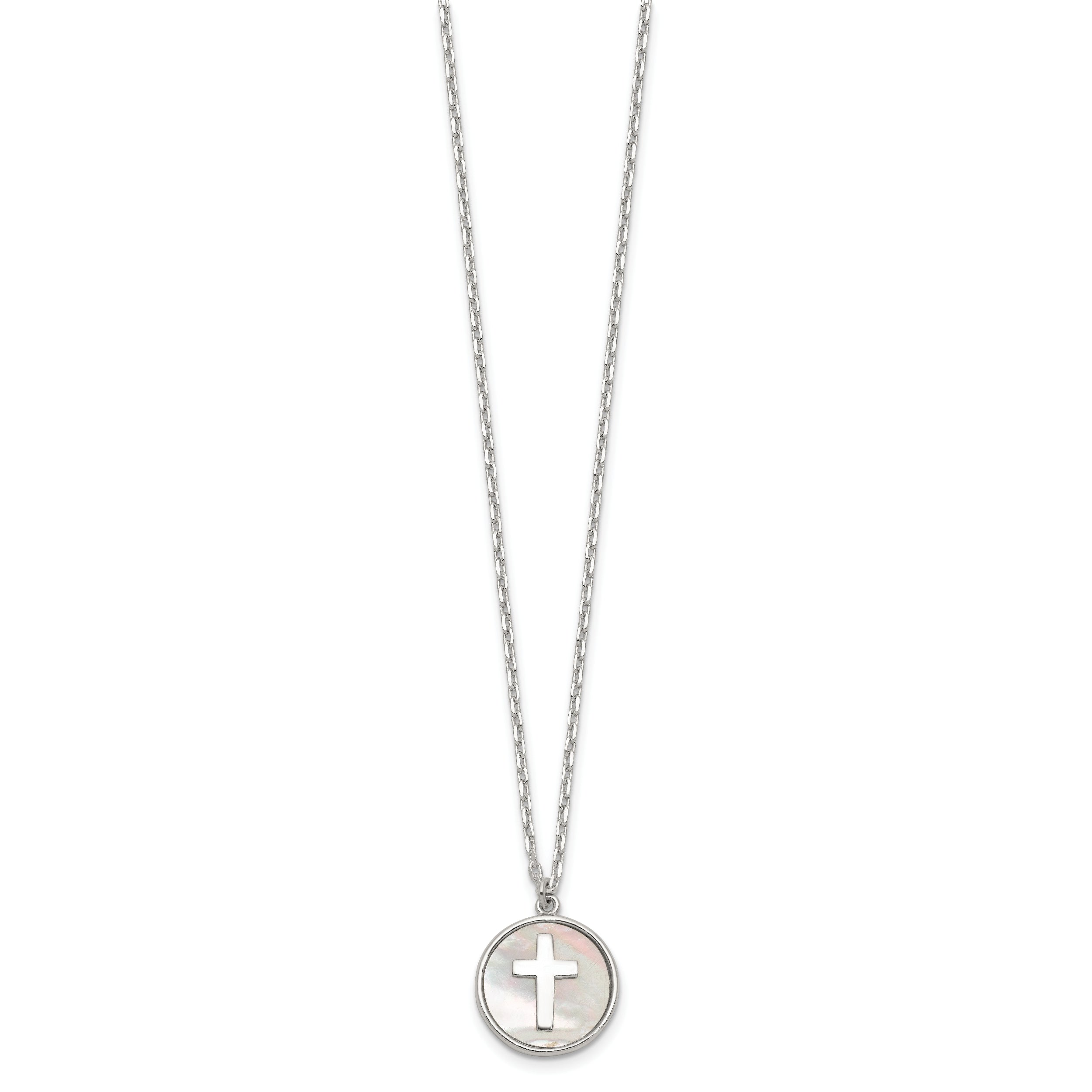 Sterling Silver Polished Mother Of Pearl Circle with Cross 16 inch Necklace