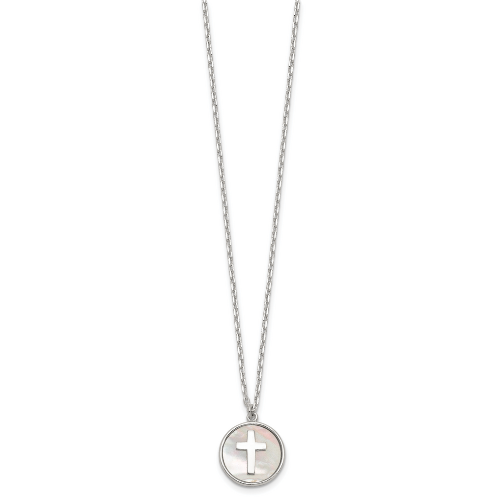 Sterling Silver Polished Mother Of Pearl Circle with Cross 16 inch Necklace