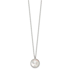 Sterling Silver Polished Mother Of Pearl Circle with Cross 16 inch Necklace