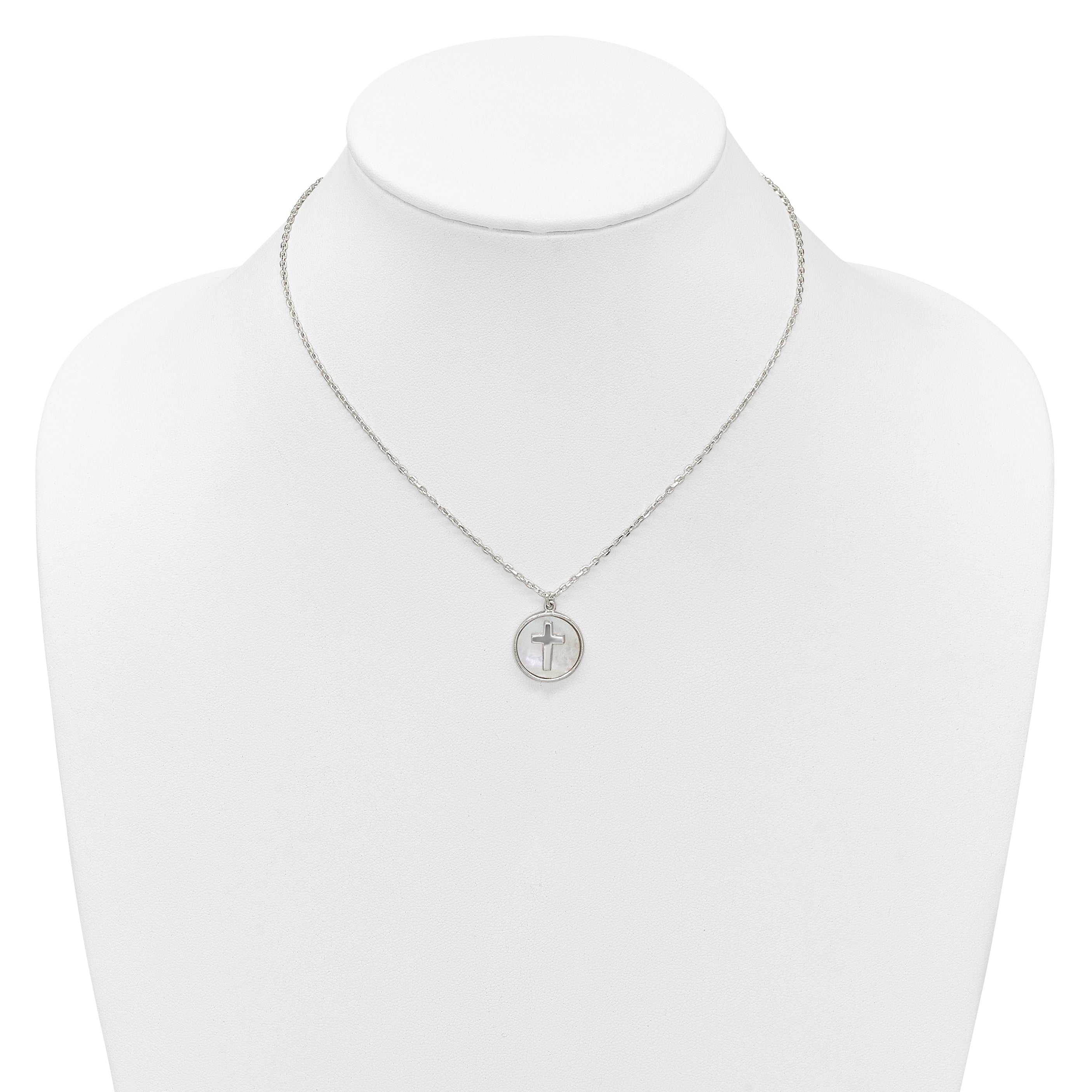 Sterling Silver Polished Mother Of Pearl Circle with Cross 16 inch Necklace