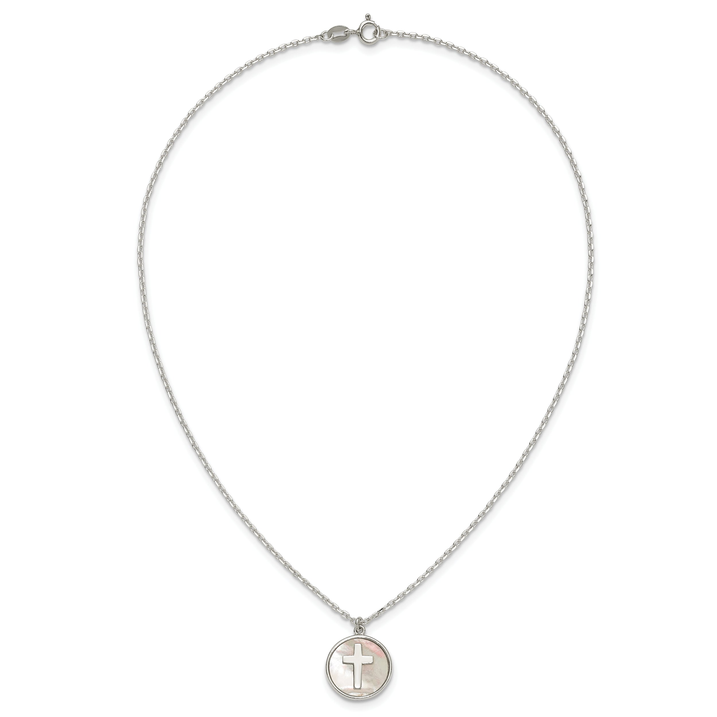 Sterling Silver Polished Mother Of Pearl Circle with Cross 16 inch Necklace