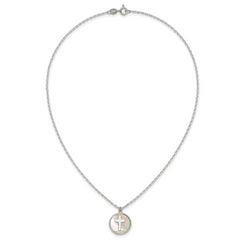 Sterling Silver Polished Mother Of Pearl Circle with Cross 16 inch Necklace