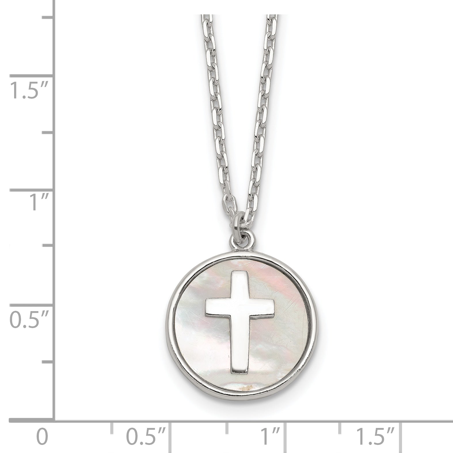 Sterling Silver Polished Mother Of Pearl Circle with Cross 16 inch Necklace