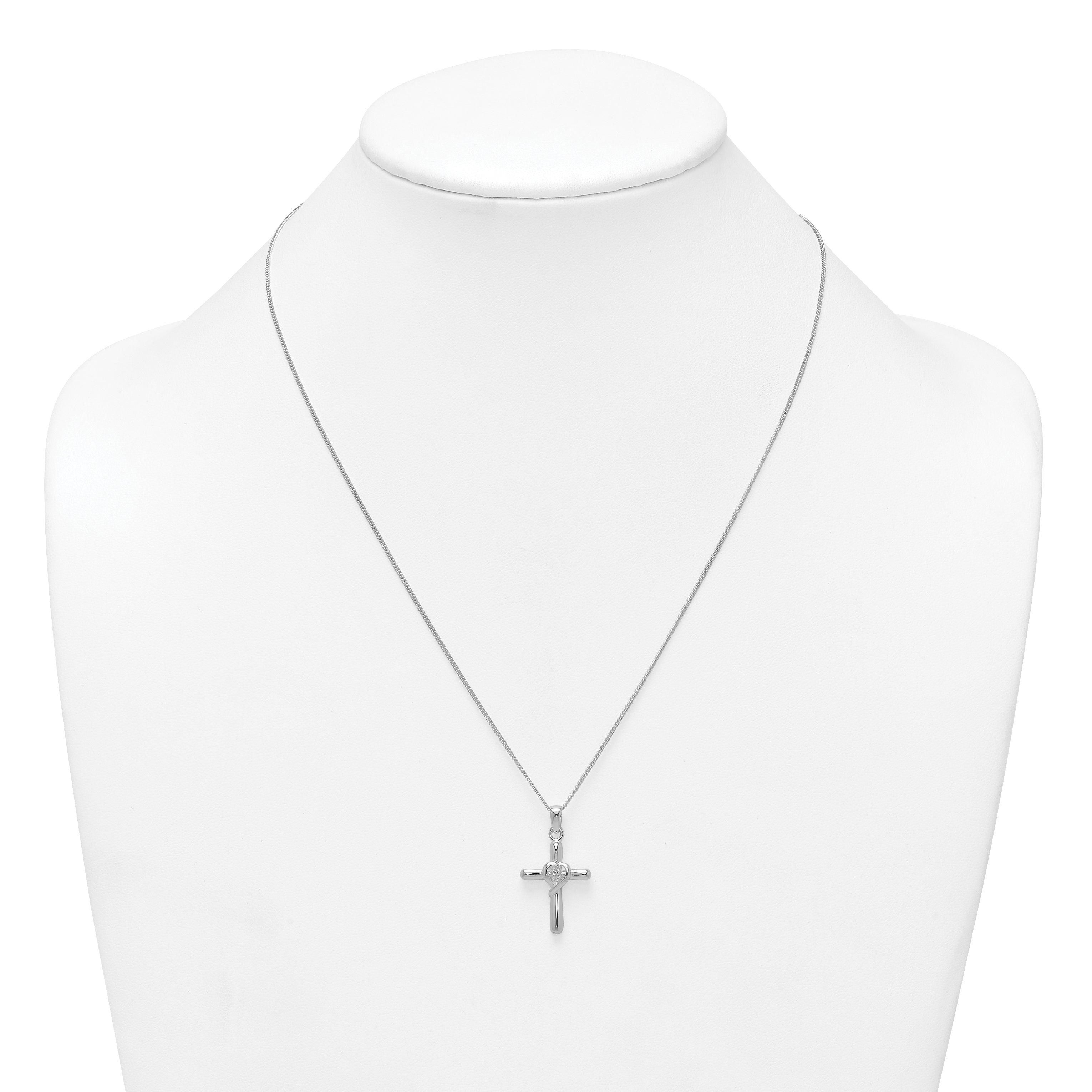 Sterling Silver Rhodium-plated Polished CZ Heart Cross 20 inch with 3 inch Extender Necklace