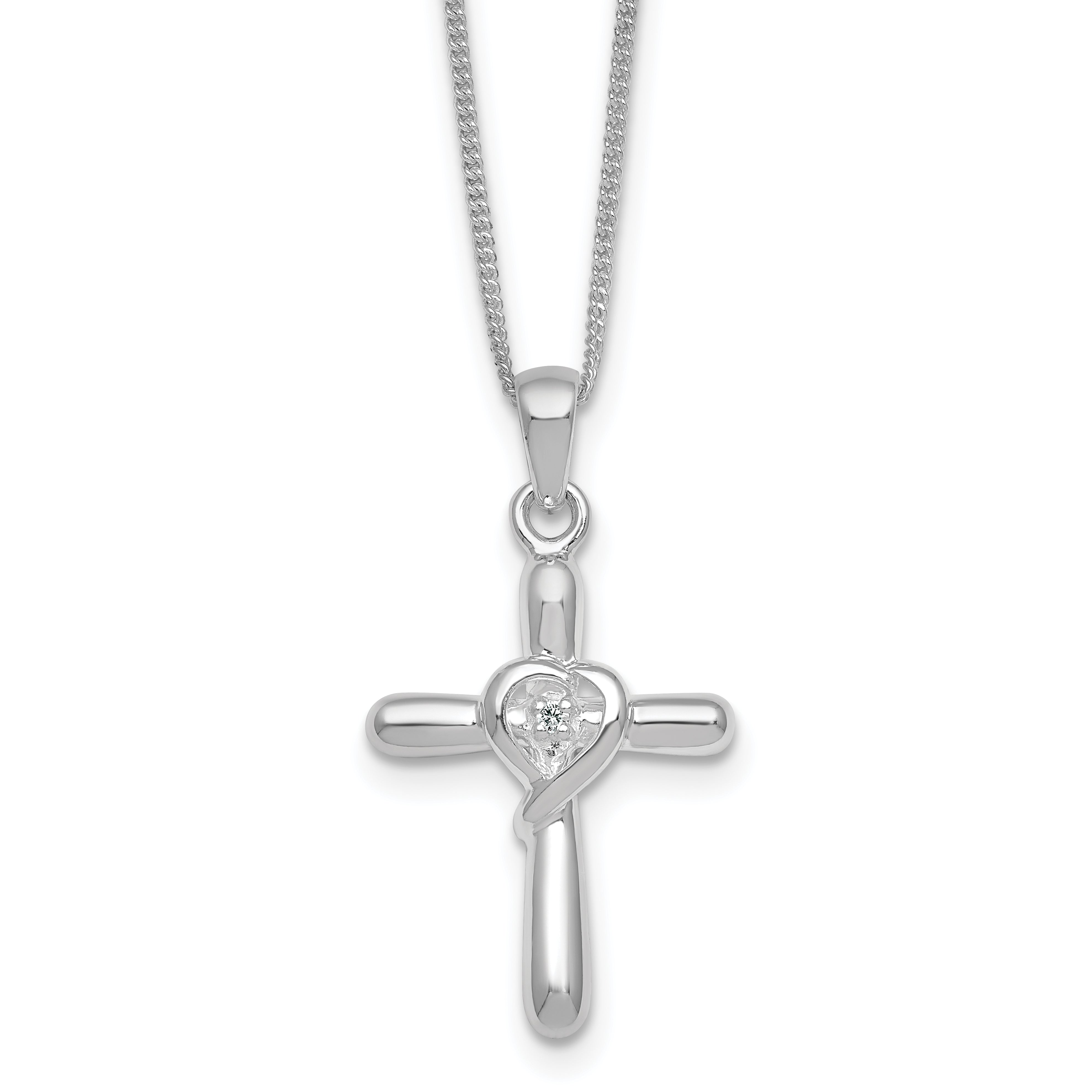 Sterling Silver Rhodium-plated Polished CZ Heart Cross 20 inch with 3 inch Extender Necklace Main image
