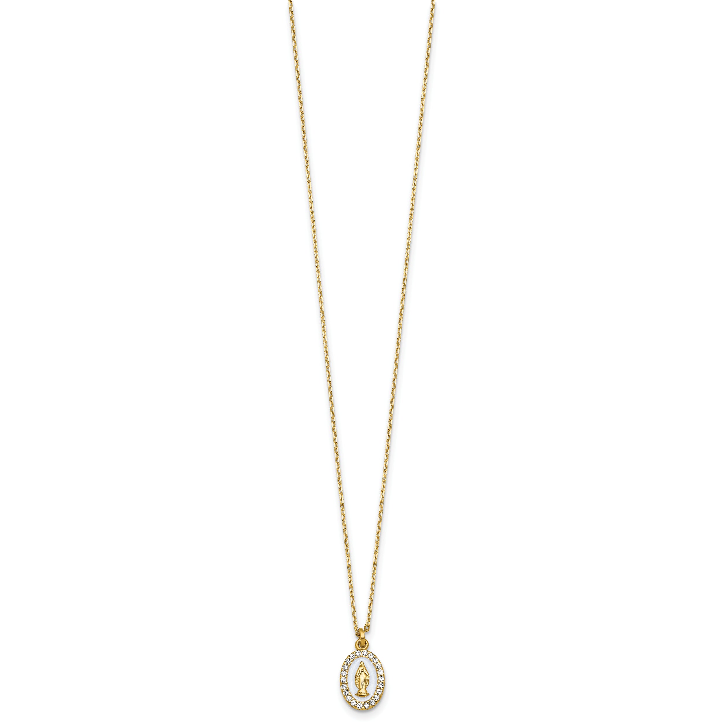 Sterling Silver Gold-plated CZ and White Enamel Miraculous Medal 15.75 inch with 2 inch extender Necklace