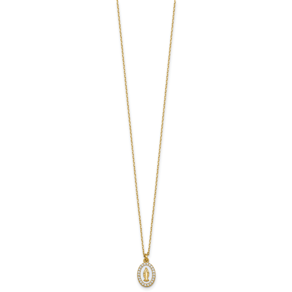 Sterling Silver Gold-plated CZ and White Enamel Miraculous Medal 15.75 inch with 2 inch extender Necklace
