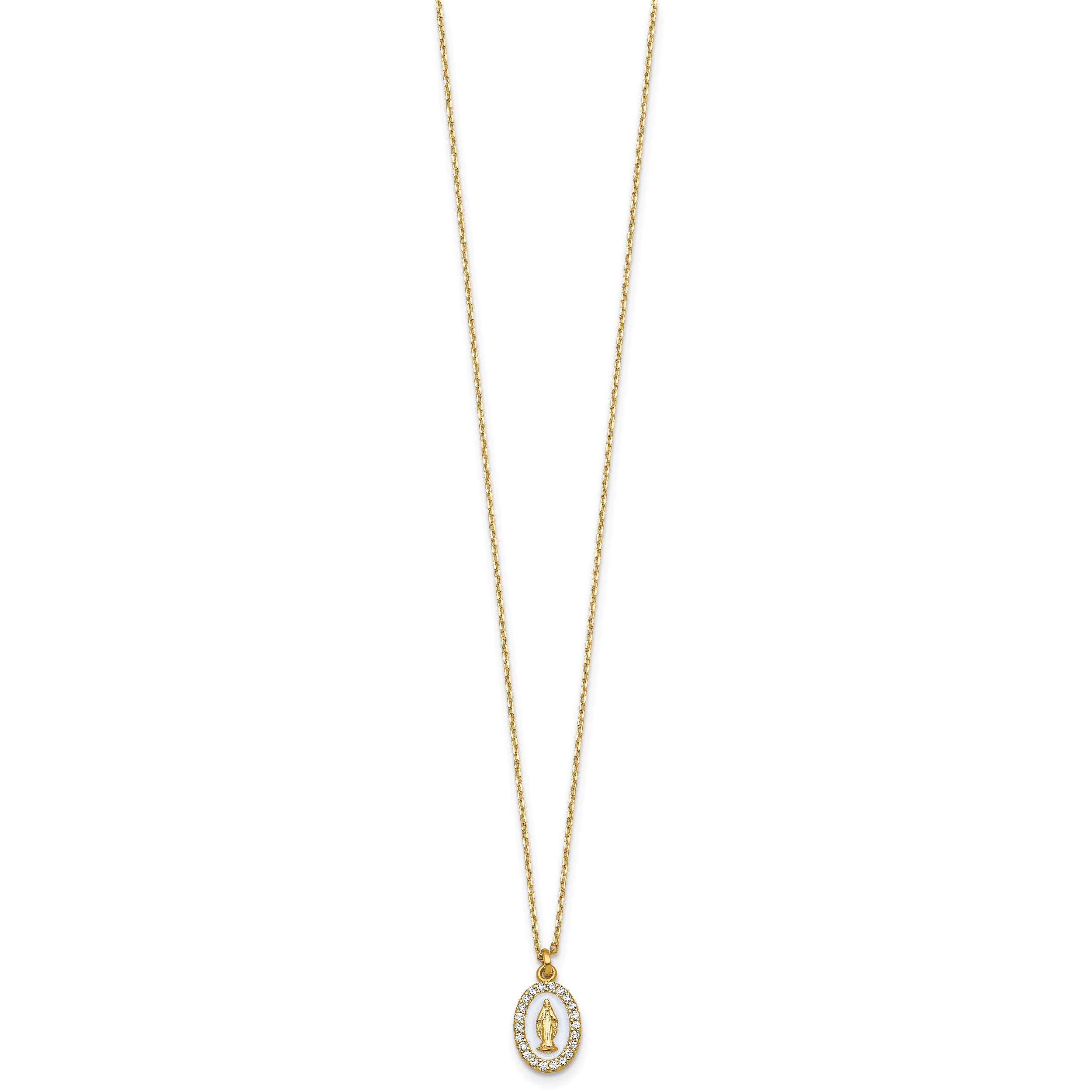 Sterling Silver Gold-plated CZ and White Enamel Miraculous Medal 15.75 inch with 2 inch extender Necklace