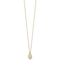 Sterling Silver Gold-plated CZ and White Enamel Miraculous Medal 15.75 inch with 2 inch extender Necklace