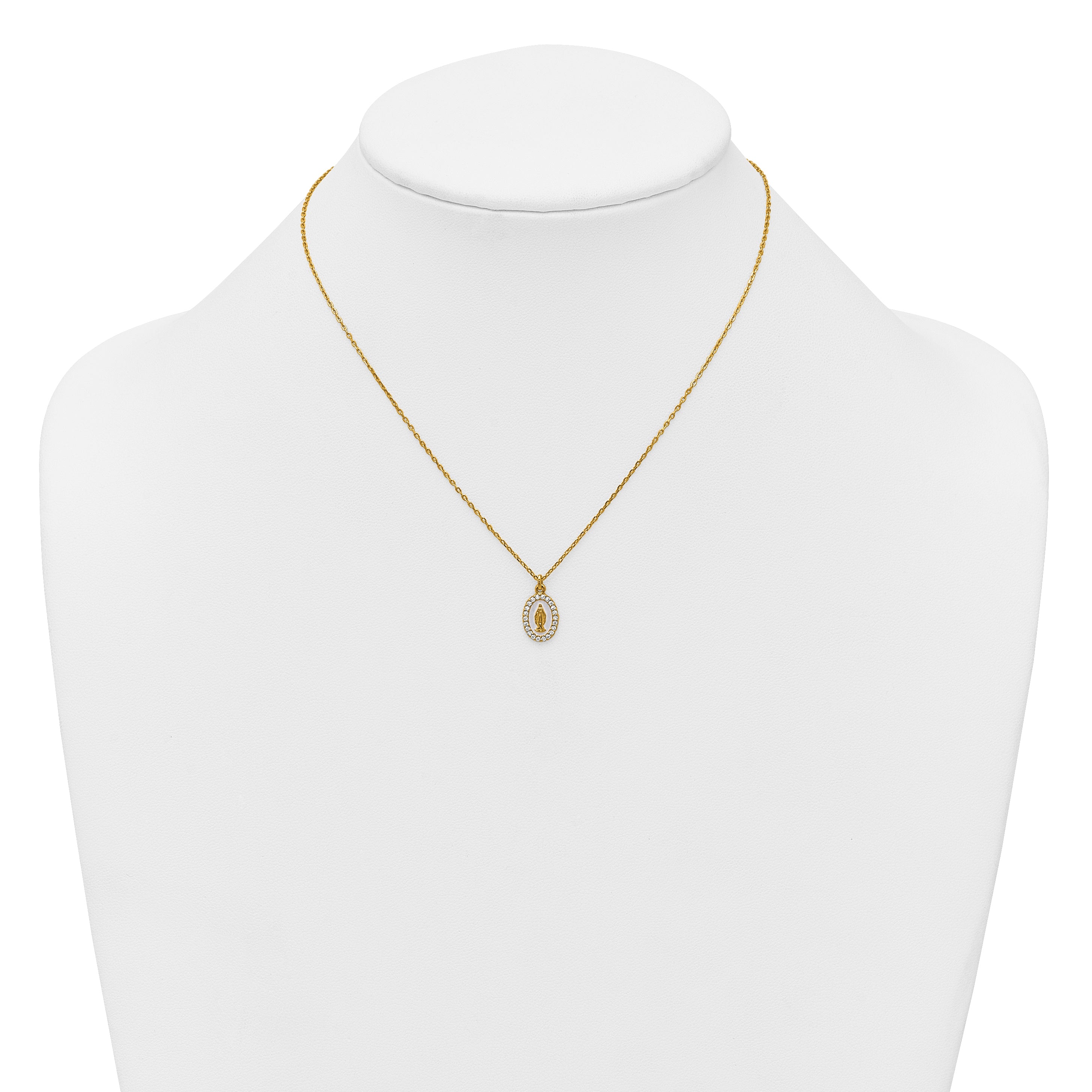 Sterling Silver Gold-plated CZ and White Enamel Miraculous Medal 15.75 inch with 2 inch extender Necklace