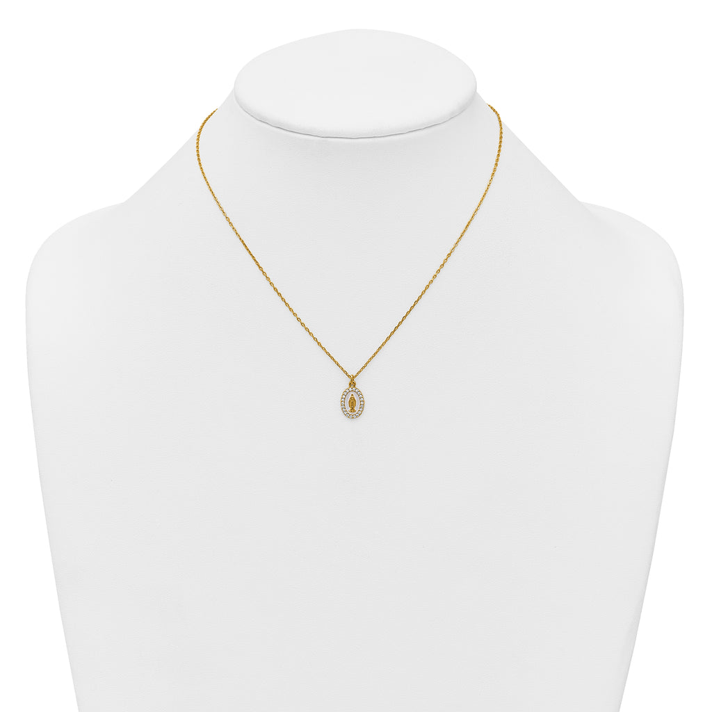 Sterling Silver Gold-plated CZ and White Enamel Miraculous Medal 15.75 inch with 2 inch extender Necklace