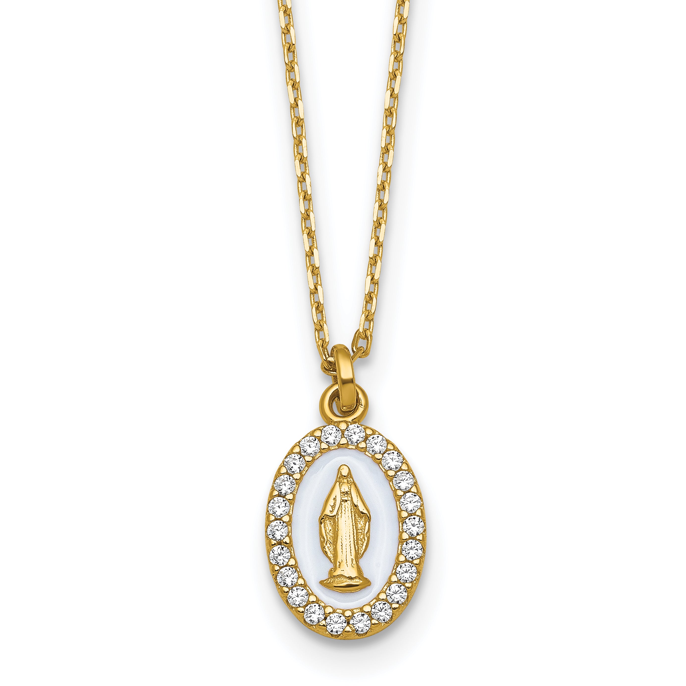 Sterling Silver Gold-plated CZ and White Enamel Miraculous Medal 15.75 inch with 2 inch extender Necklace