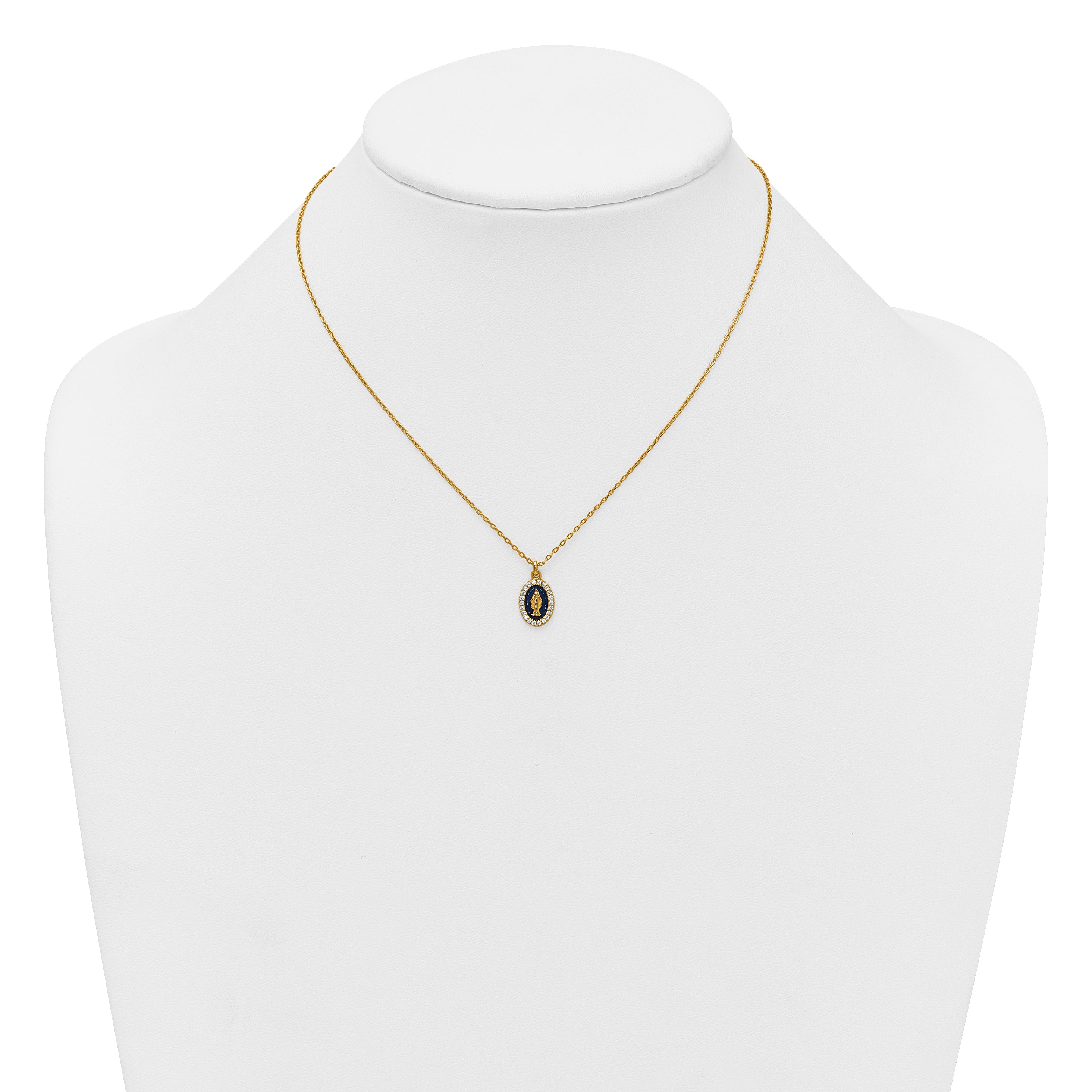 Sterling Silver Gold-plated CZ and Blue Enamel Miraculous Medal 15.75 inch with 2 inch extender Necklace