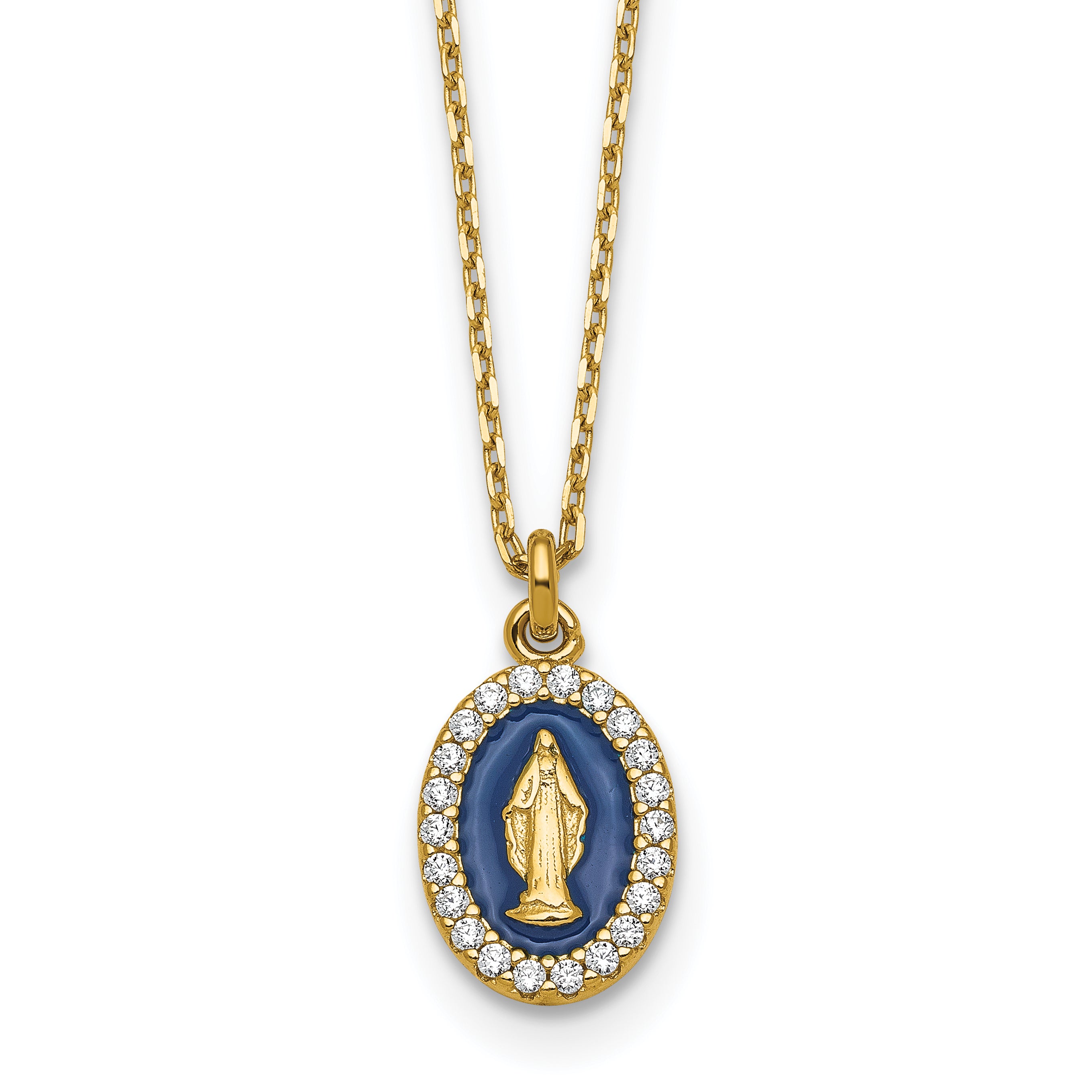 Sterling Silver Gold-plated CZ and Blue Enamel Miraculous Medal 15.75 inch with 2 inch extender Necklace Main image