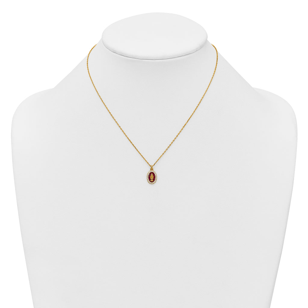 Sterling Silver Gold-plated CZ and Red Enamel Miraculous Medal 15.75 inch with 2 inch extender Necklace