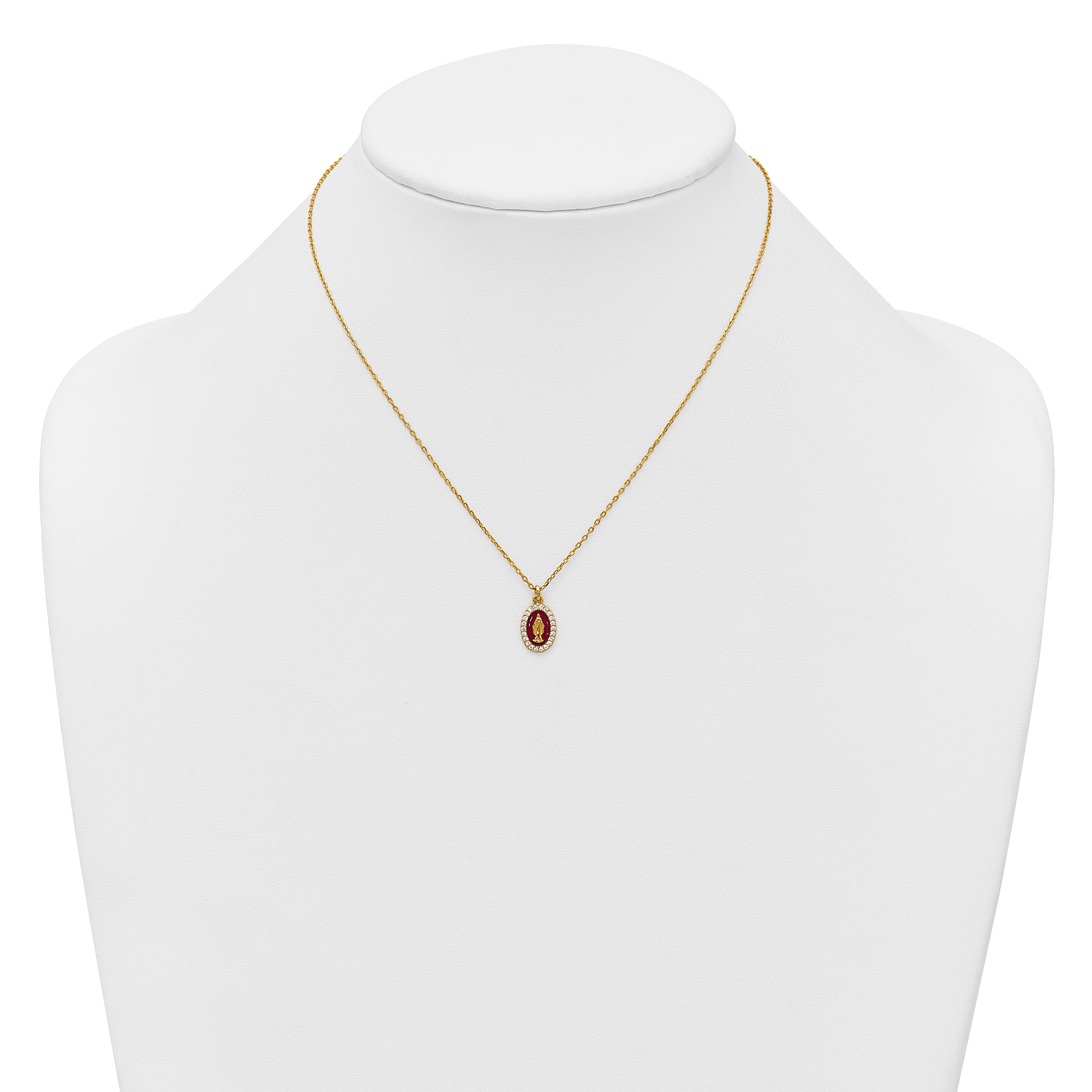 Sterling Silver Gold-plated CZ and Red Enamel Miraculous Medal 15.75 inch with 2 inch extender Necklace