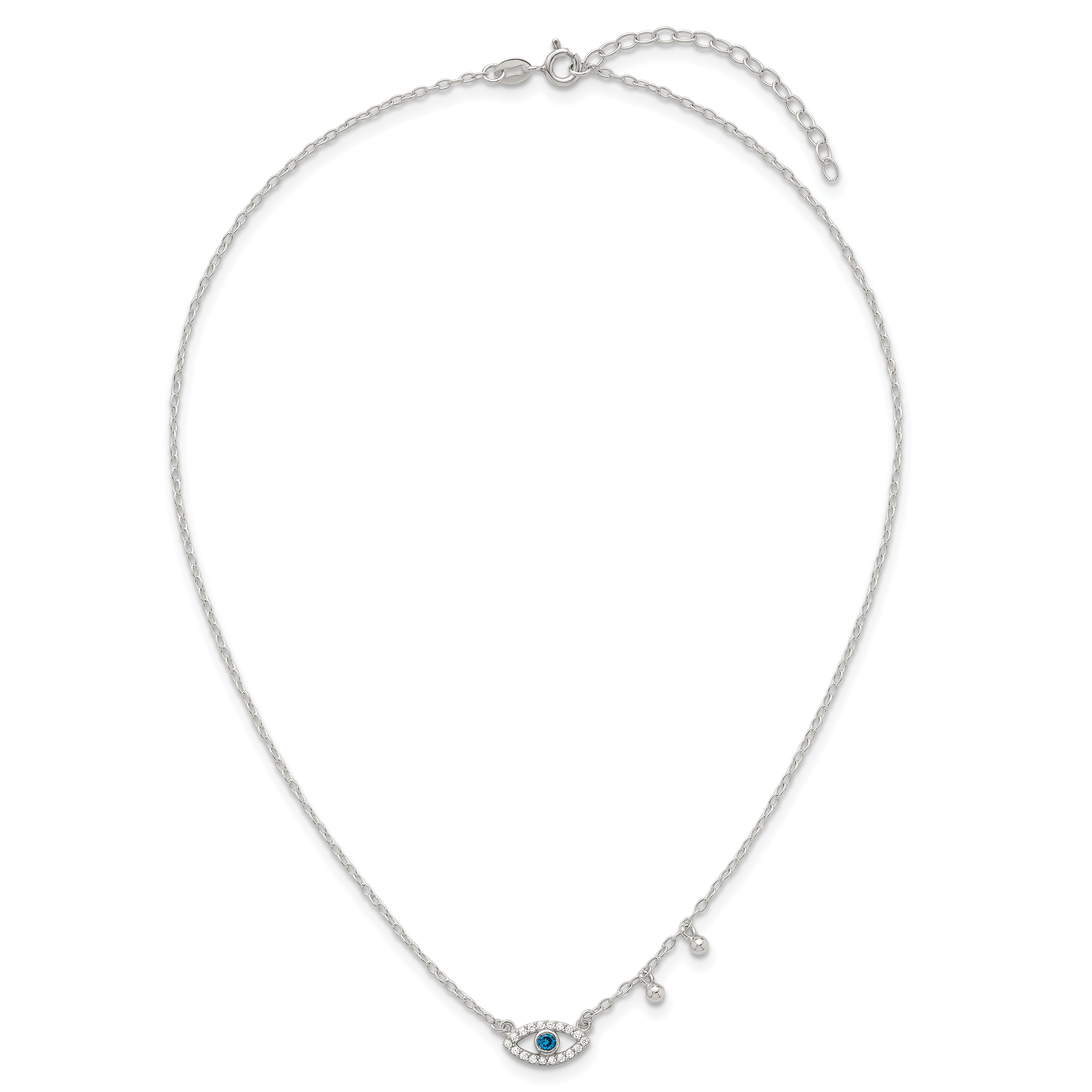 Sterling Silver Polished Blue and White CZ Eye with Beads 16 inch with 2 inch Extension Necklace