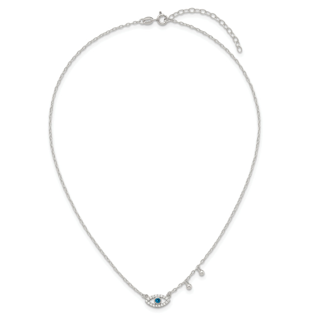 Sterling Silver Polished Blue and White CZ Eye with Beads 16 inch with 2 inch Extension Necklace