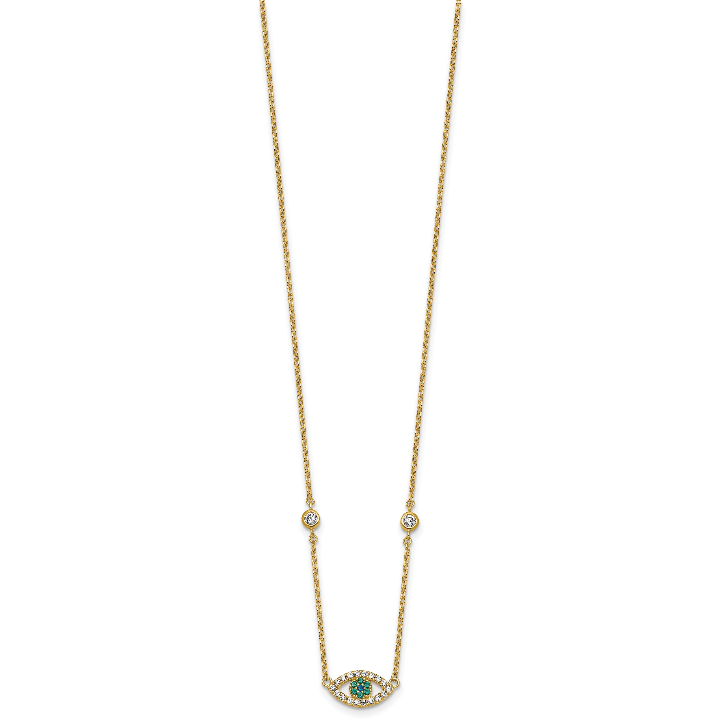 Sterling Silver Gold-tone Polished CZ and Blue and Green Nano Crystal Eye 16 inch with 2 inch Extension Necklace