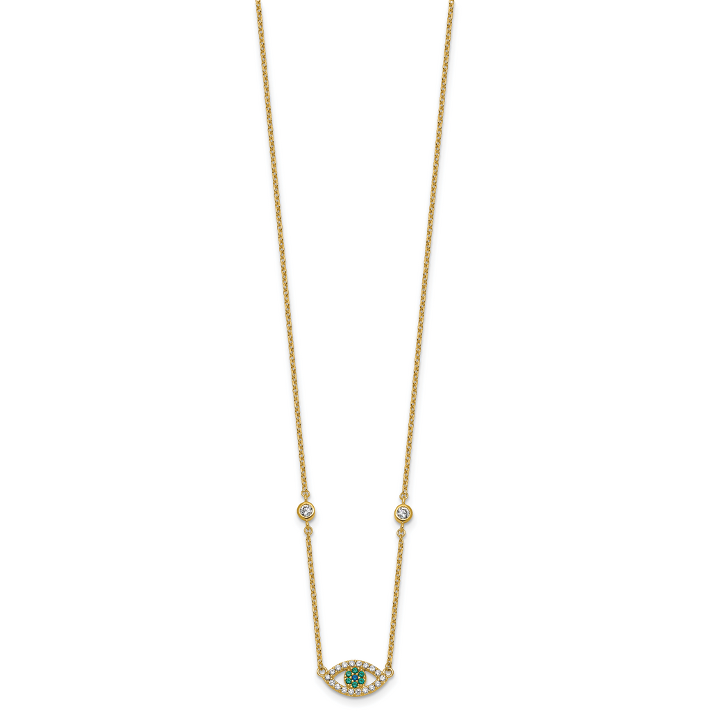 Sterling Silver Gold-tone Polished CZ and Blue and Green Nano Crystal Eye 16 inch with 2 inch Extension Necklace
