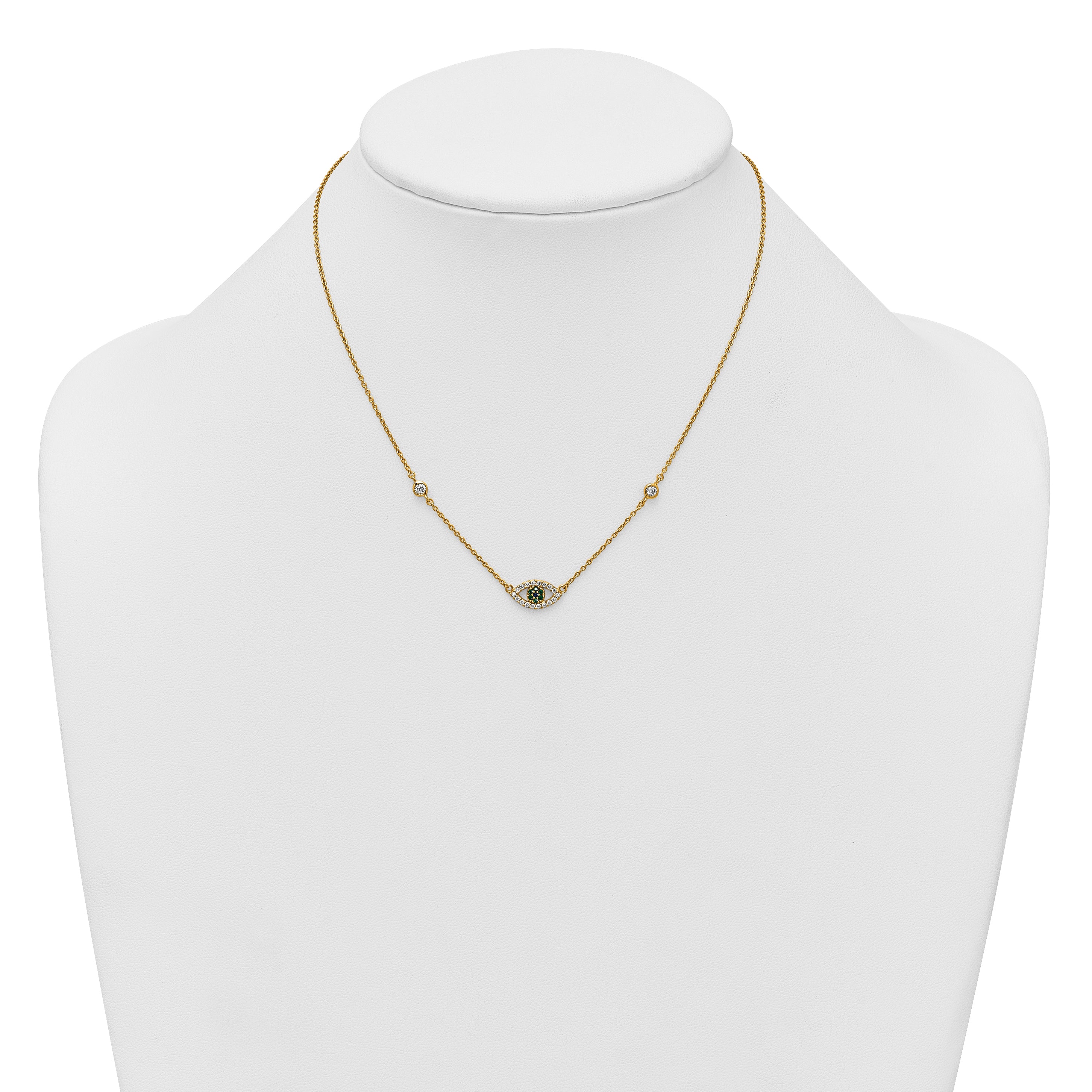 Sterling Silver Gold-tone Polished CZ and Blue and Green Nano Crystal Eye 16 inch with 2 inch Extension Necklace