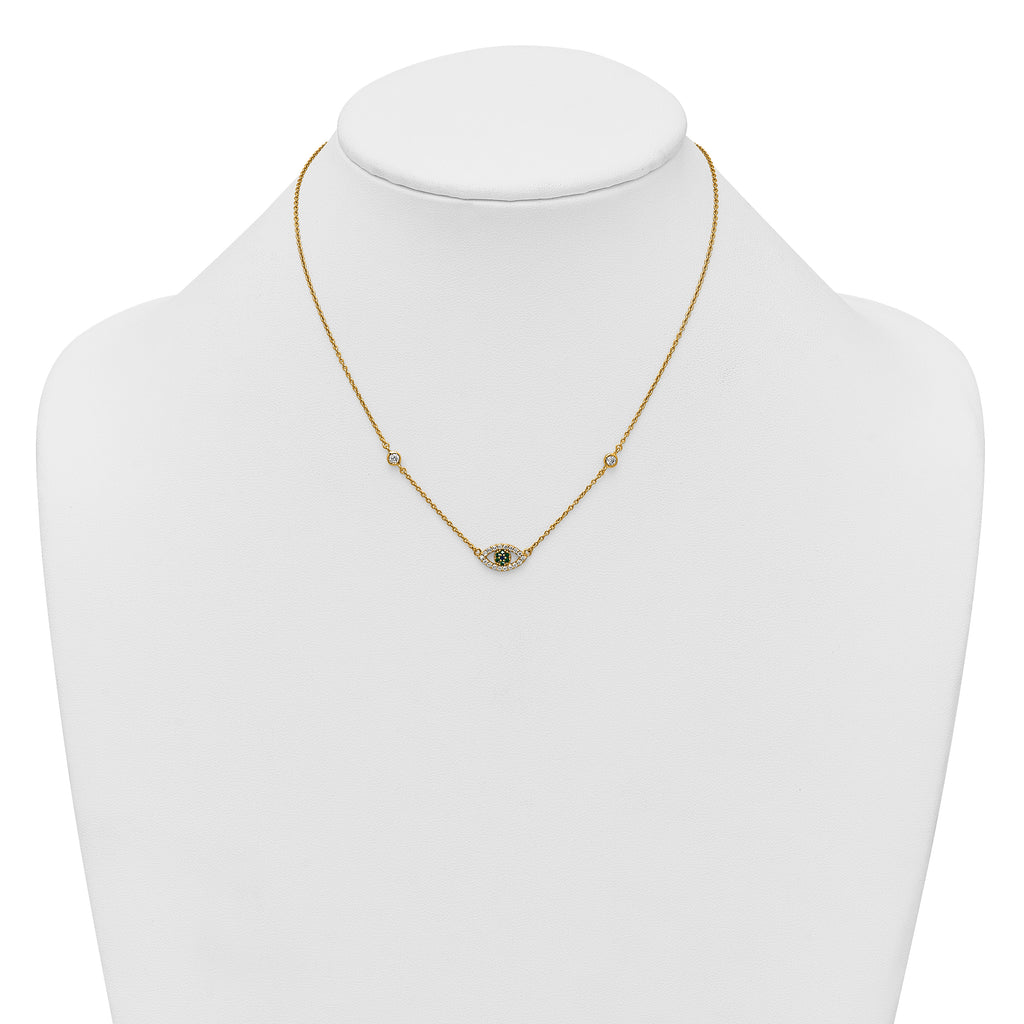 Sterling Silver Gold-tone Polished CZ and Blue and Green Nano Crystal Eye 16 inch with 2 inch Extension Necklace