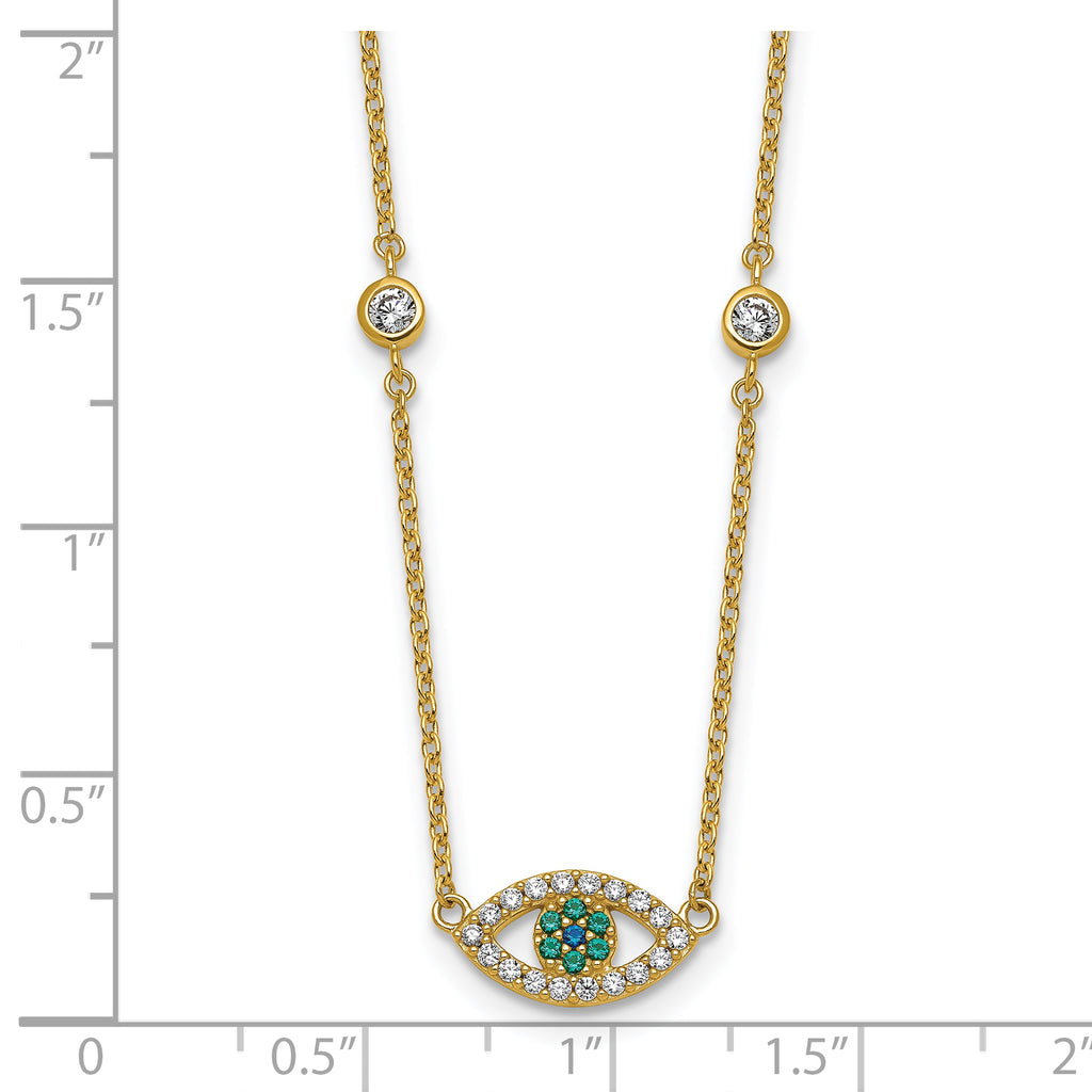 Sterling Silver Gold-tone Polished CZ and Blue and Green Nano Crystal Eye 16 inch with 2 inch Extension Necklace