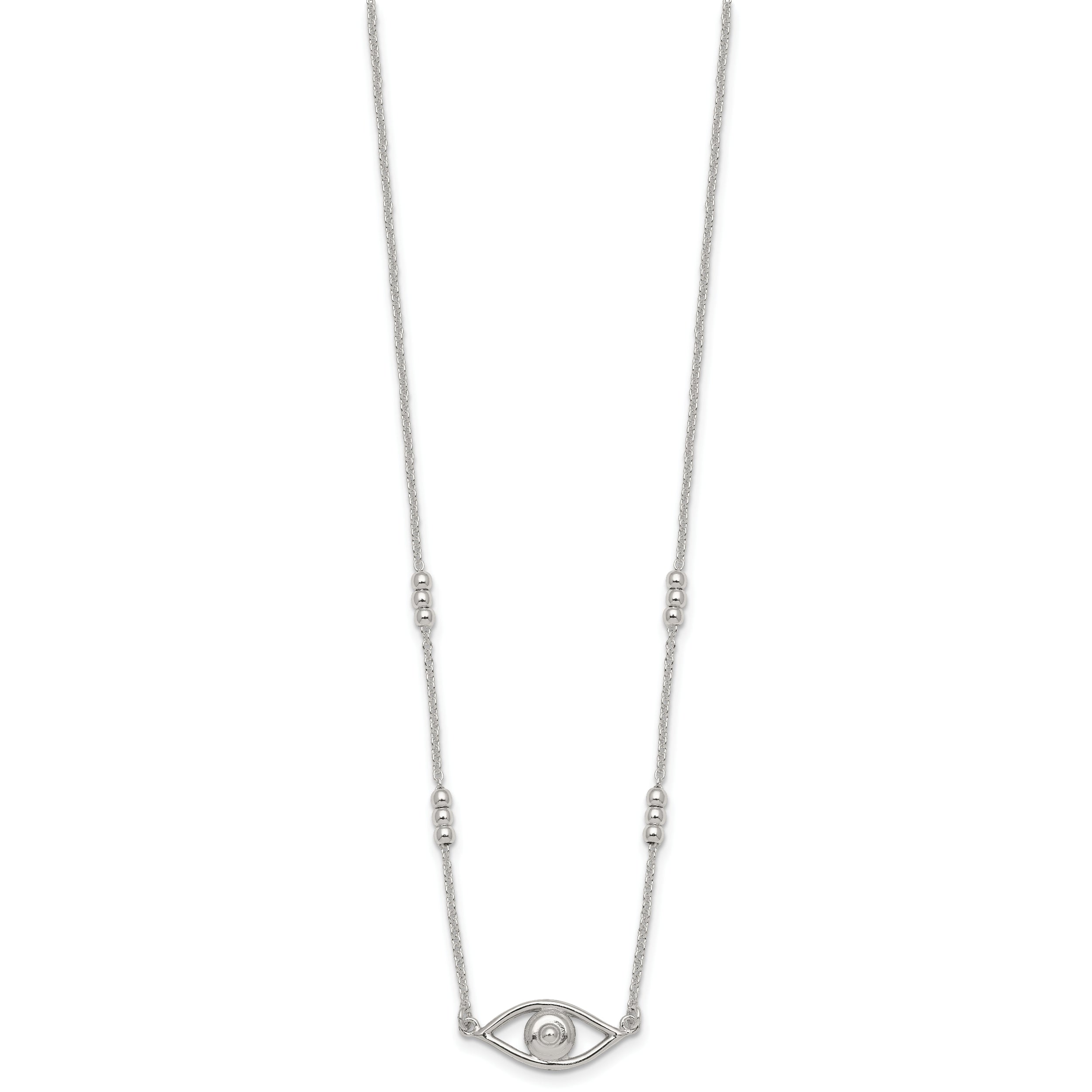Sterling Silver Polished and Beaded Evil Eye 16.5 inch with 1 inch Extension Necklace