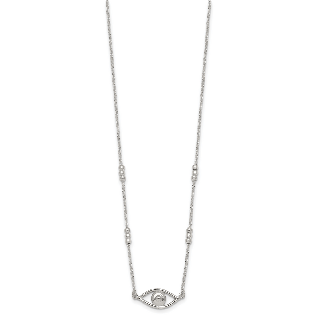 Sterling Silver Polished and Beaded Evil Eye 16.5 inch with 1 inch Extension Necklace