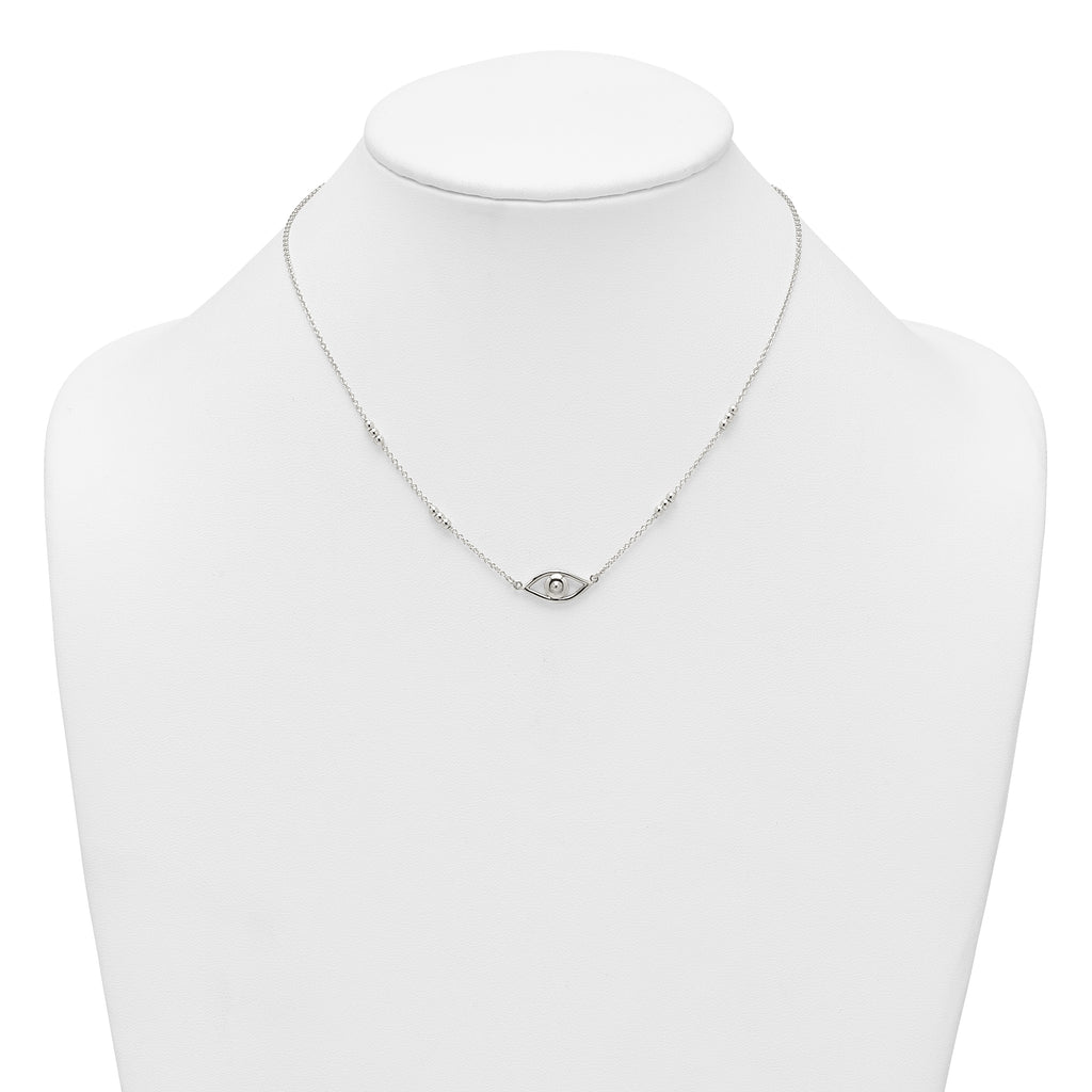 Sterling Silver Polished and Beaded Evil Eye 16.5 inch with 1 inch Extension Necklace